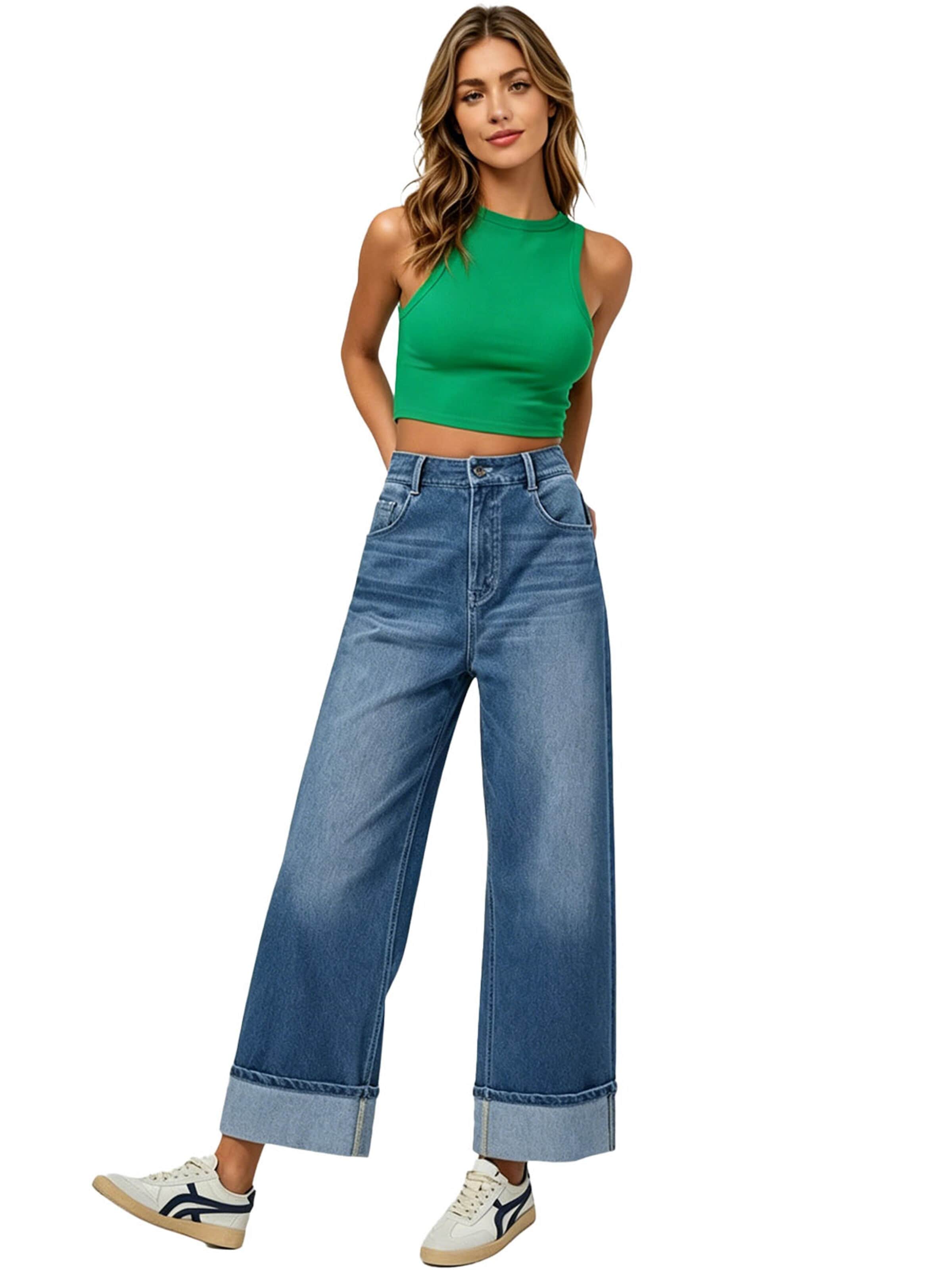 KoJooin Normalny krój Jeansy 'Weit geschnittene Jeans für Damen,hochtaillierte Jeans aus Denim,umgeschlagener Saum,Baggy Jeans' w kolorze niebieski: przód