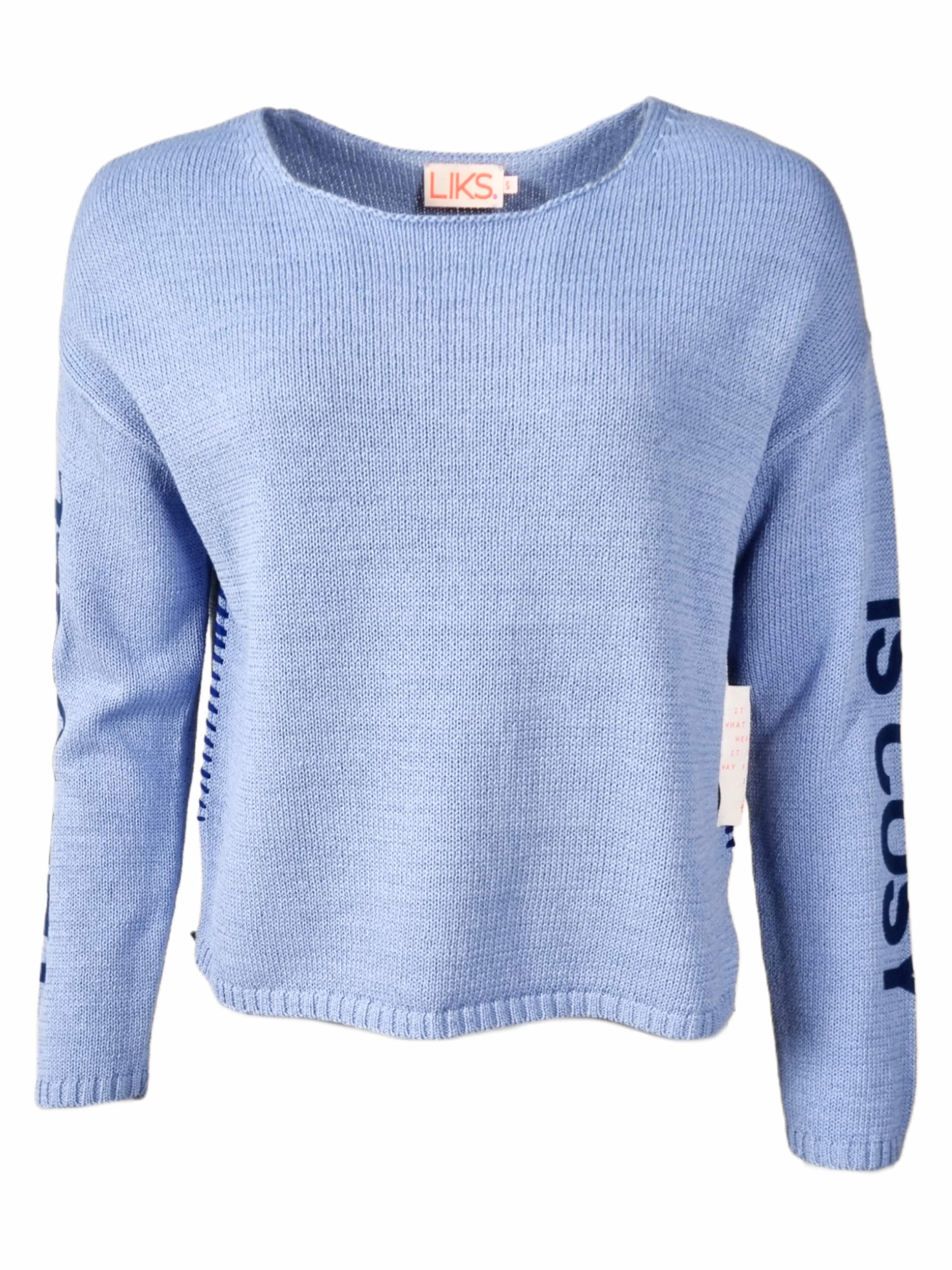 Pullover 'Strickpullover mit Flockschrift und Ziernaht' di LIKS. Munich in blu: frontale