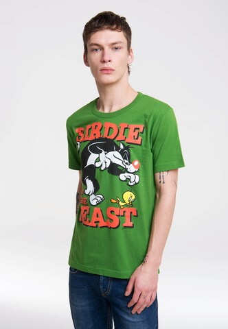 LOGOSHIRT T-Shirt 'Looney Tunes – Sylvester & Tweety' in Grün: predná strana