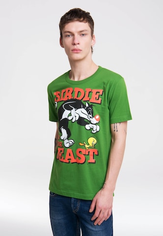 LOGOSHIRT Shirt 'Looney Tunes – Sylvester & Tweety' in Groen: voorkant
