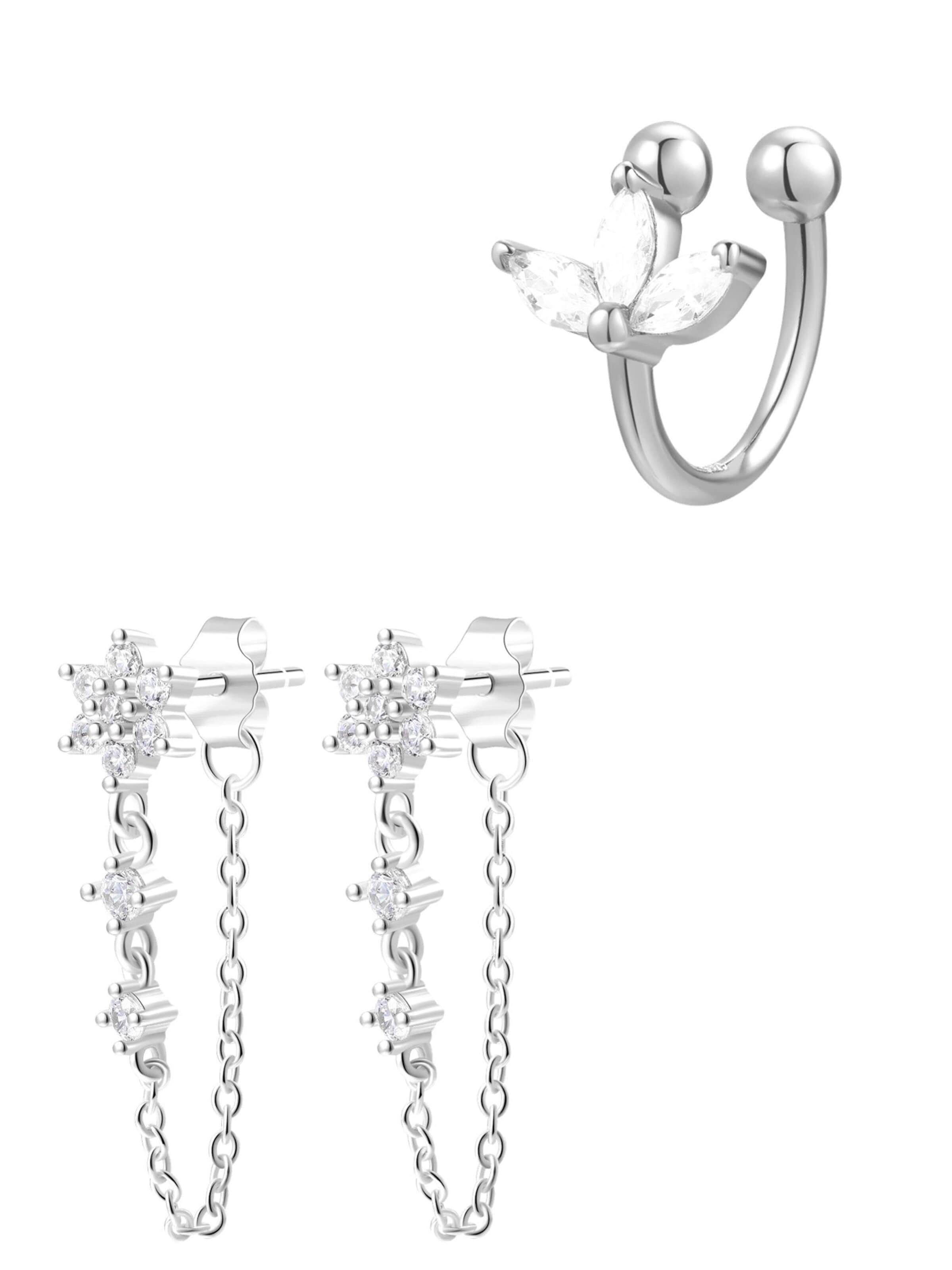 Hey Happiness Oorbellen 'Bloom Chain Stud Earrings & Blossom Ear Cuff Set' in Zilver