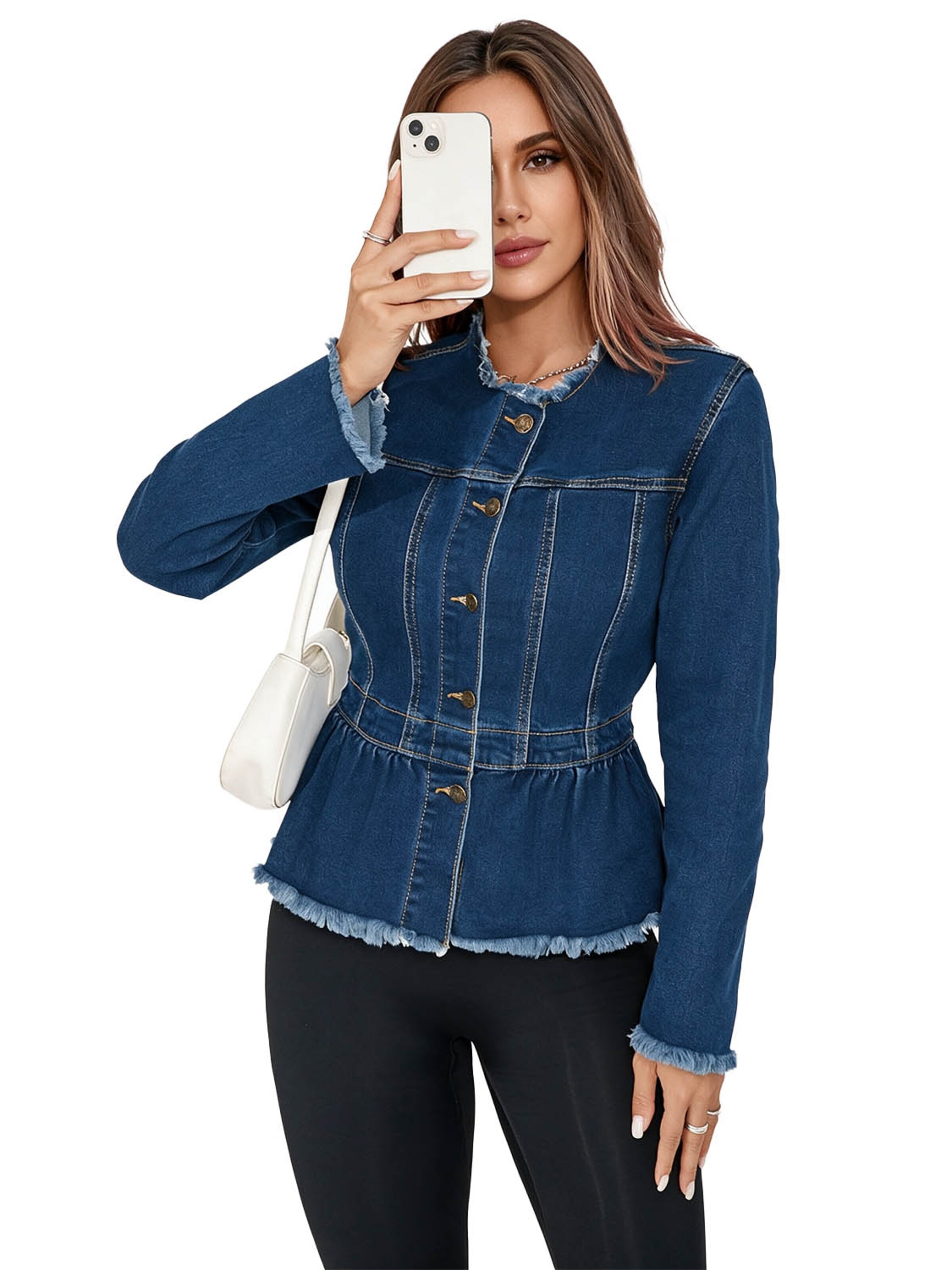 KoJooin Kurtka przejściowa 'Damen Jeansjacke mit Peplum-Saum Kragenloser Rundhalsausschnitt, Knopfleiste und Kurzschnitt' w kolorze niebieski