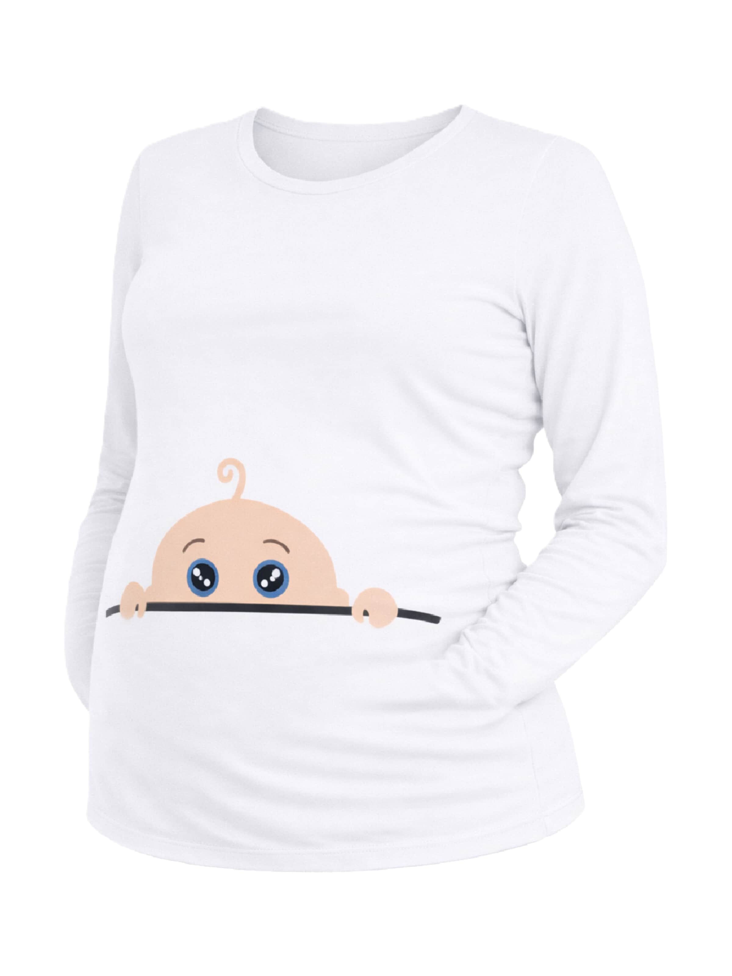 M.M.C. Shirt 'Neugieriges Baby Umstandslangarmshirt' in Weiß: Vorderseite