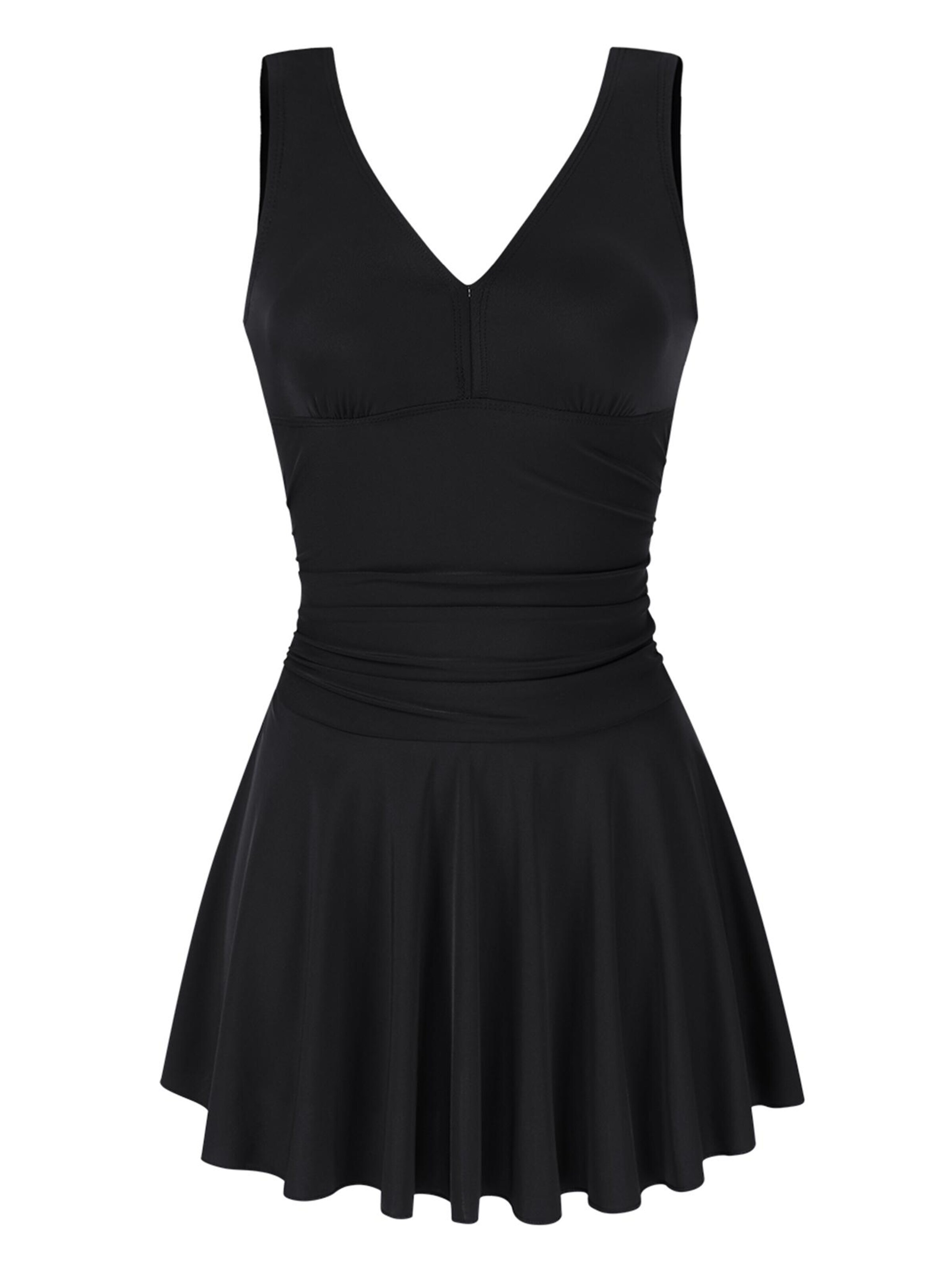 KoJooin Klassisch Badeanzug 'Damen-Badeanzug mit V-Ausschnitt, einteiliger Rock, gerafftes Retro-Badekleid'‌‌‌‌‌‌‌‌ in Schwarz: Vorderseite