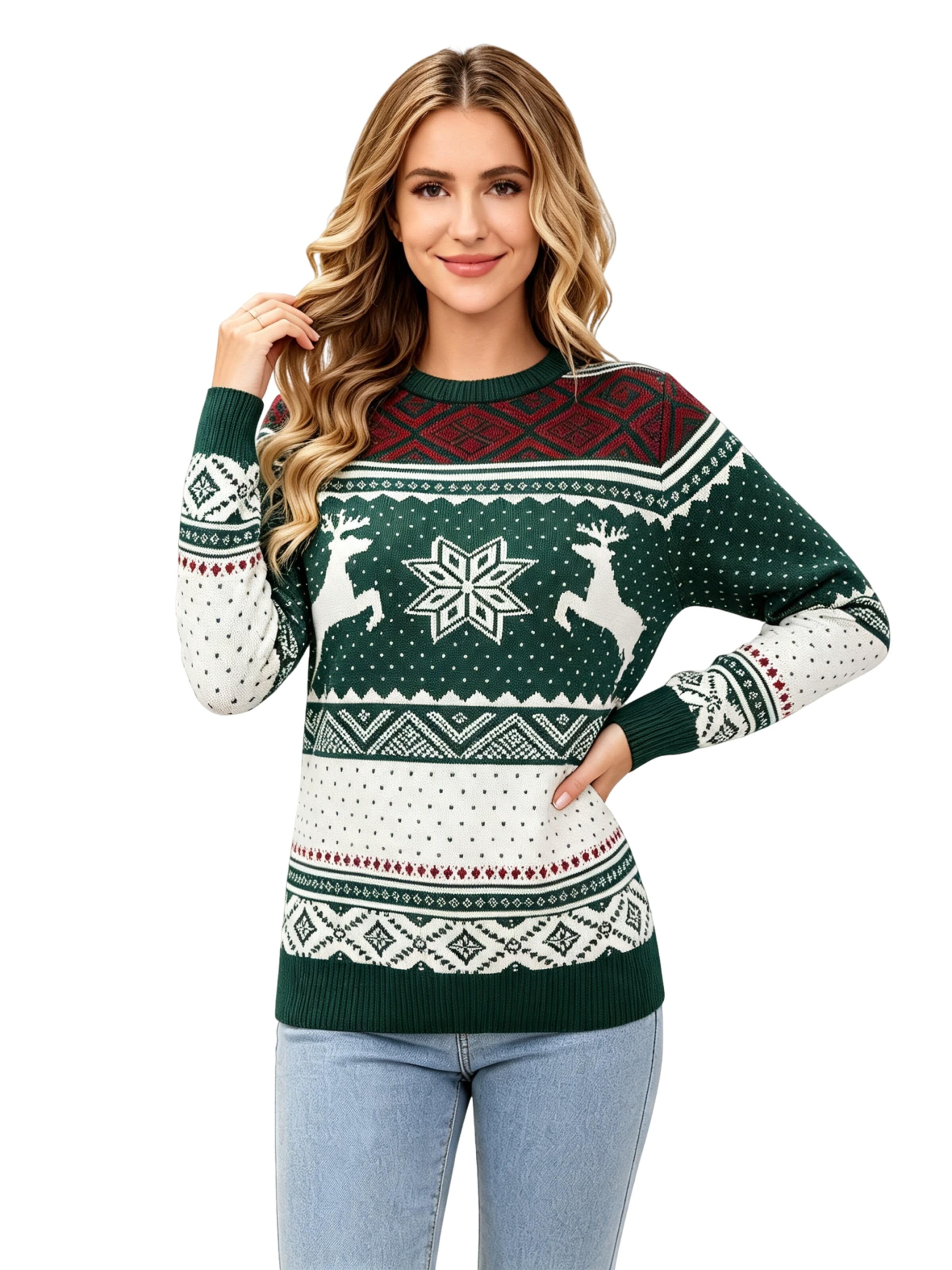 KoJooin Svetr 'Weihnachtspullover für Damen Langarm Pullover mit Rundhalsausschnitt' – zelená: přední strana