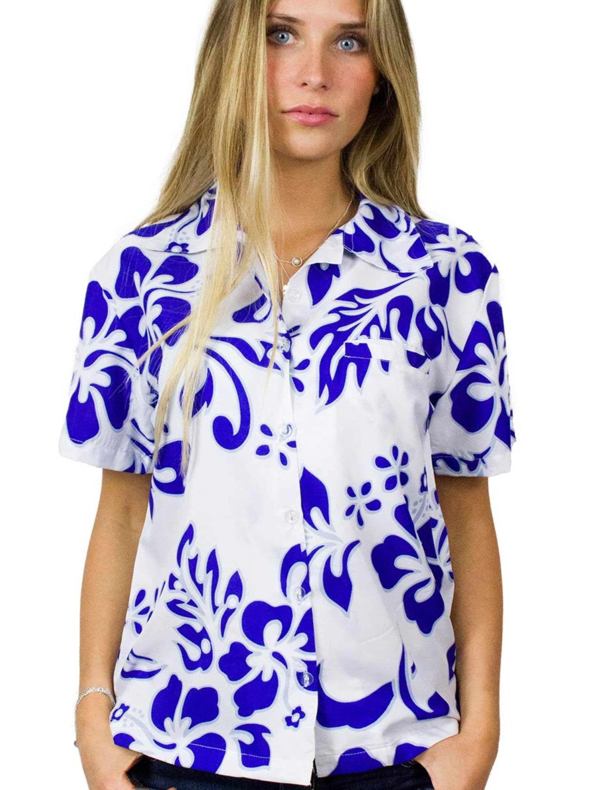 Camicia da donna 'Hibiscus White Line' di King Kameha in blu