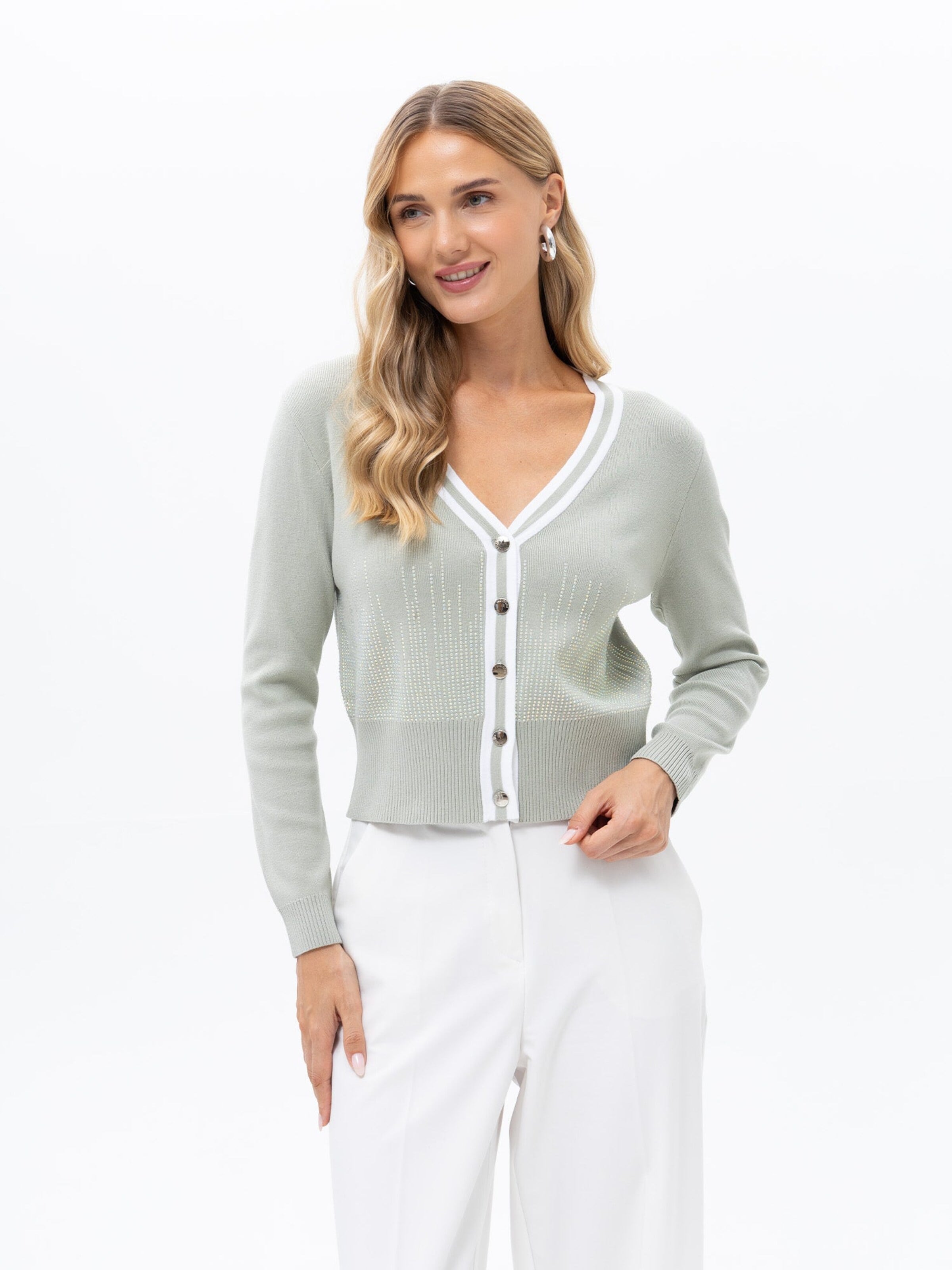 Passioni Knit Cardigan 'Cardigan mit Strassapplikationen' in Green: front