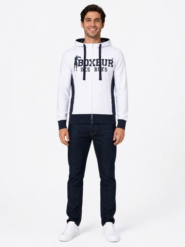 Boxeur des Rues Sweatshirt 'Herren Hoodie Fitted Boxeur des Rues mit Reißverschluss und Kapuze, Weiß mit Marineblau, Baumwolle' in White