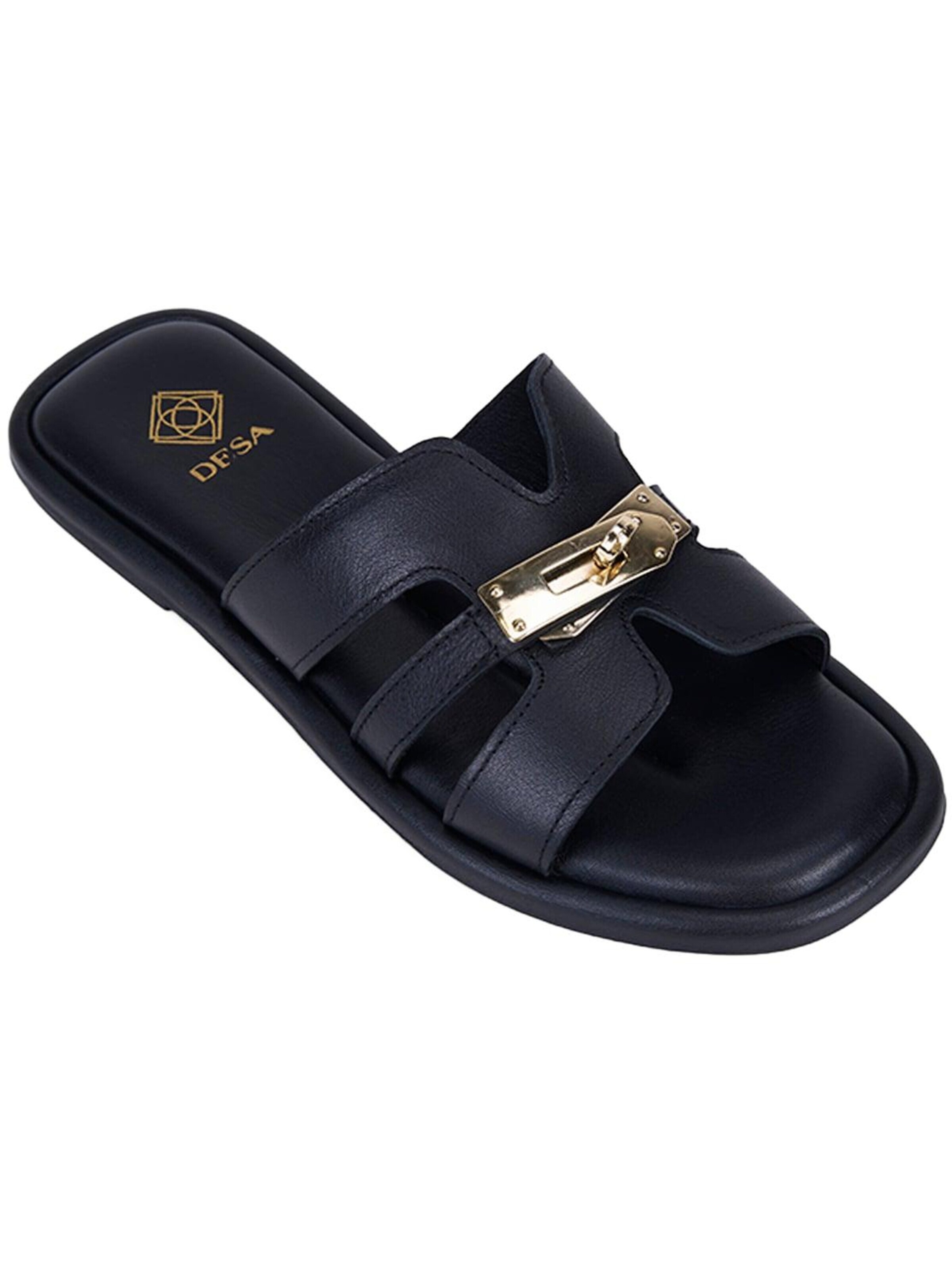 Mule 'DESA Damen-Lederpantoletten mit goldenem Schlossdetail' Desa en noir : devant