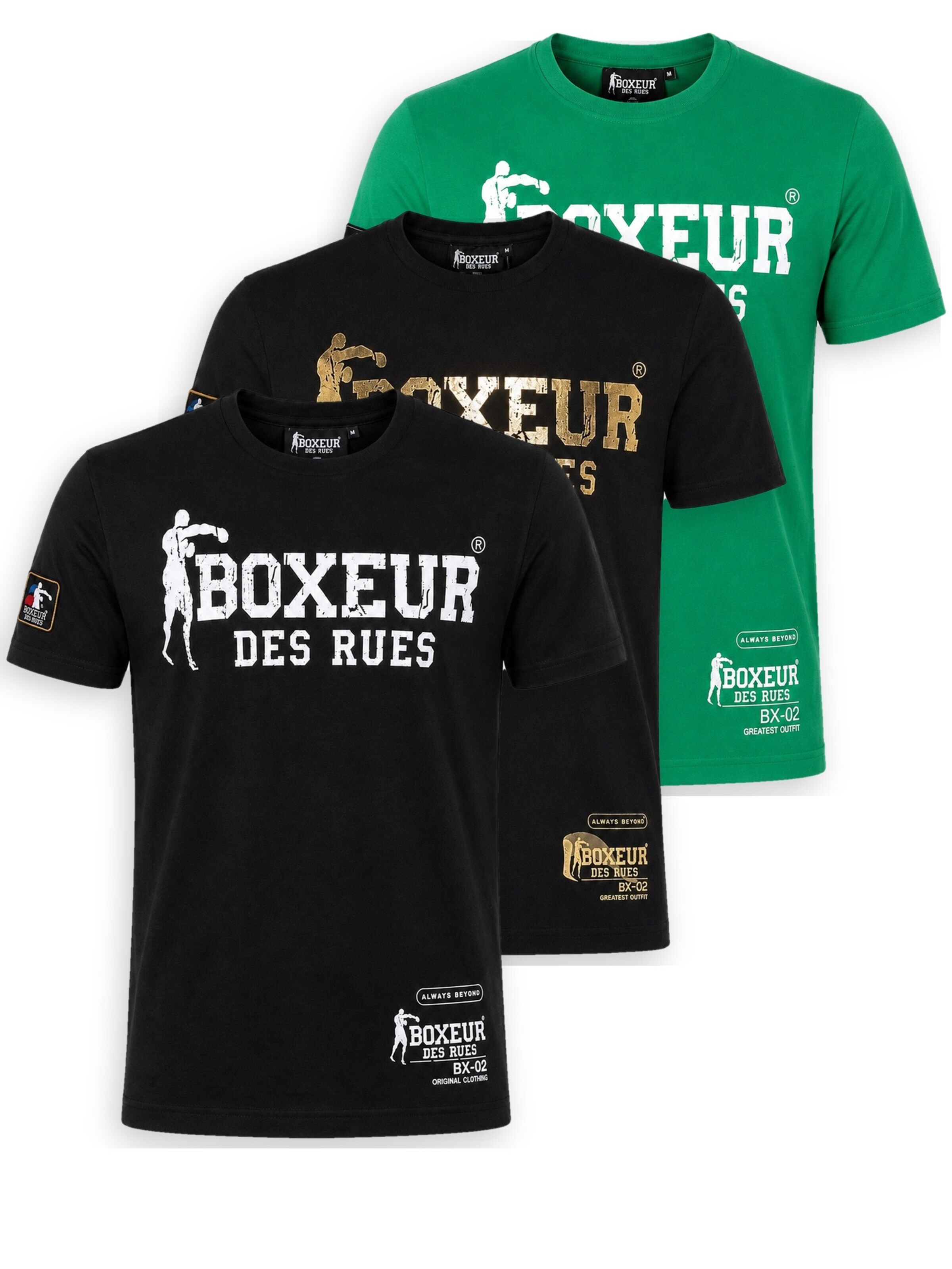 Boxeur des Rues Shirt 'Herren T-Shirt 3er-Pack Boxeur des Rues Slim Fit: Schwarz, Weißes Logo + Schwarz, Goldenes Logo + Grasgrün'‌‌‌‌‌‌‌‌‌ in XL/Regular in mischfarben, Produktansicht