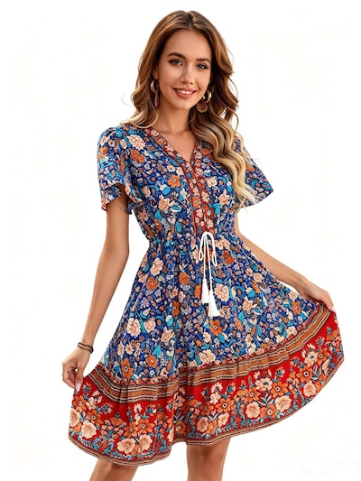 KoJooin Kleid 'Damen Sommerkleid mit Kurzarm, platziertem Blumenprint und lässigem Boho-Look'‌‌‌‌‌‌‌‌ in 36 in blau, Produktansicht