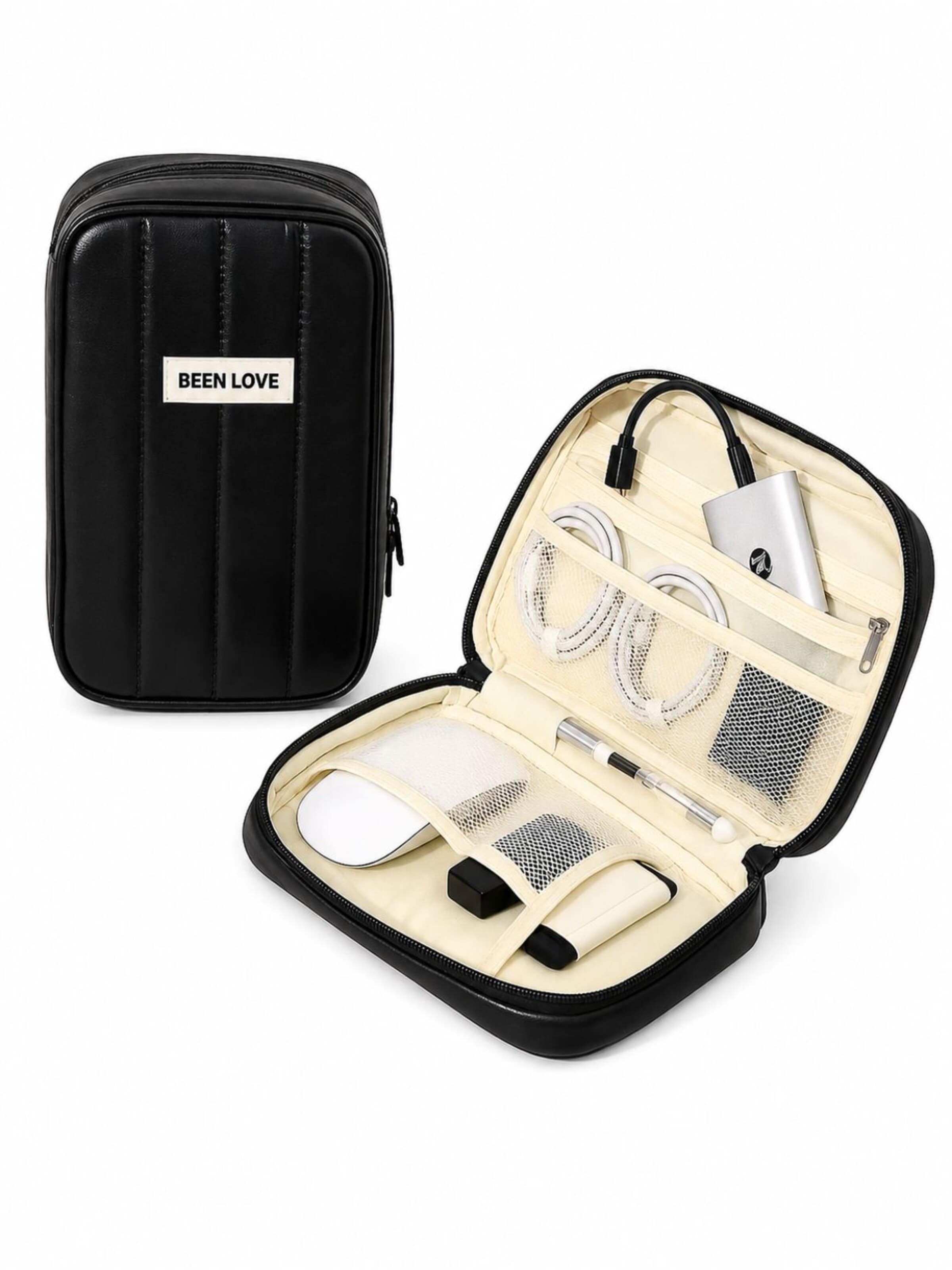MEVYRA Reisetasche 'Gepolsterter Kabel Organizer (Kabeltasche) & Kosmetiktasche 2-in-1 – Wasserdichte Reisetasche für Technik & Make-up – 4 Farben, Recycelte Materialien, Robust, 19x24.5x9cm'‌‌‌‌‌‌ in Schwarz: Vorderseite