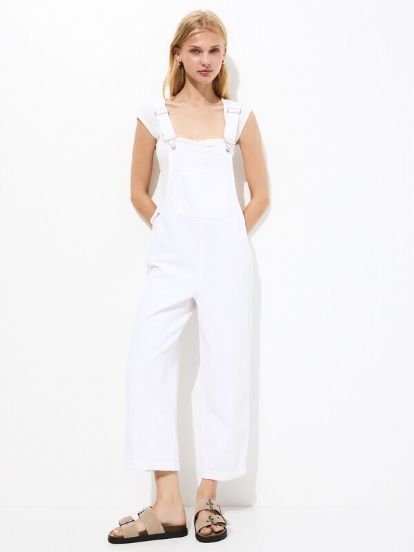 Pull&Bear Loose fit Jean Overalls in White Denim