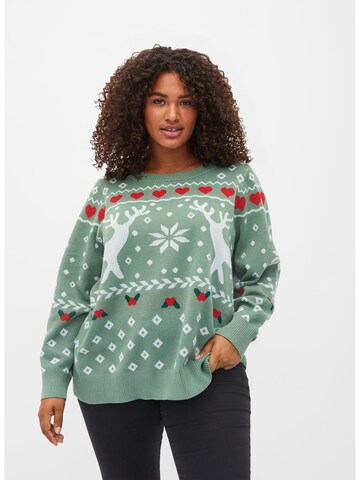 Zizzi Sweater 'MCHRISTMAS' in Green: front