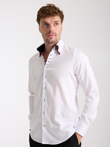 7Camicie Slim fit Zakelijk overhemd 'Vesuvio Iconic Satin Man Shirt Black' in Wit