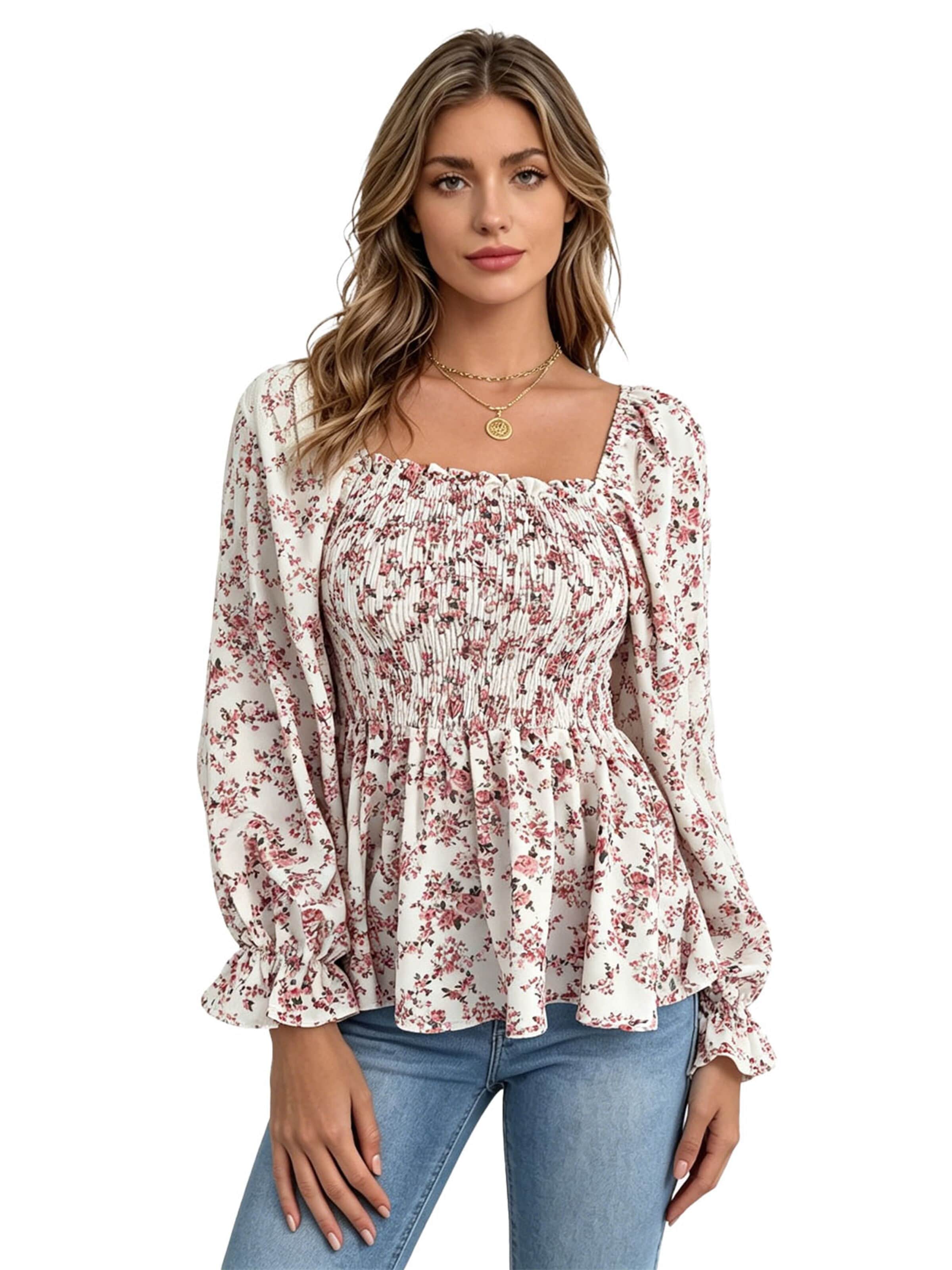 KoJooin Shirt 'Damenbluse Mit Karree-Ausschnitt Blumenprint Puffärmeln Und Volantsaum' in Pink: front