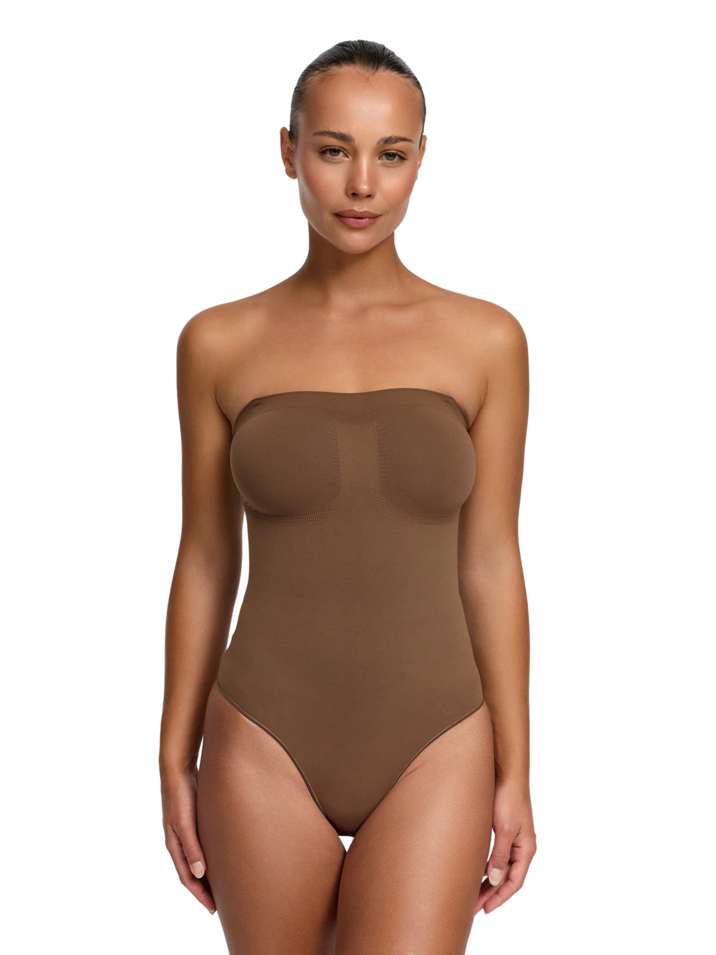 cfab (formerly creamy fabrics) Shaping Bodysuit 'Trägerloser Bodysuit Sculpting Shapewear mit String' in Brown: front