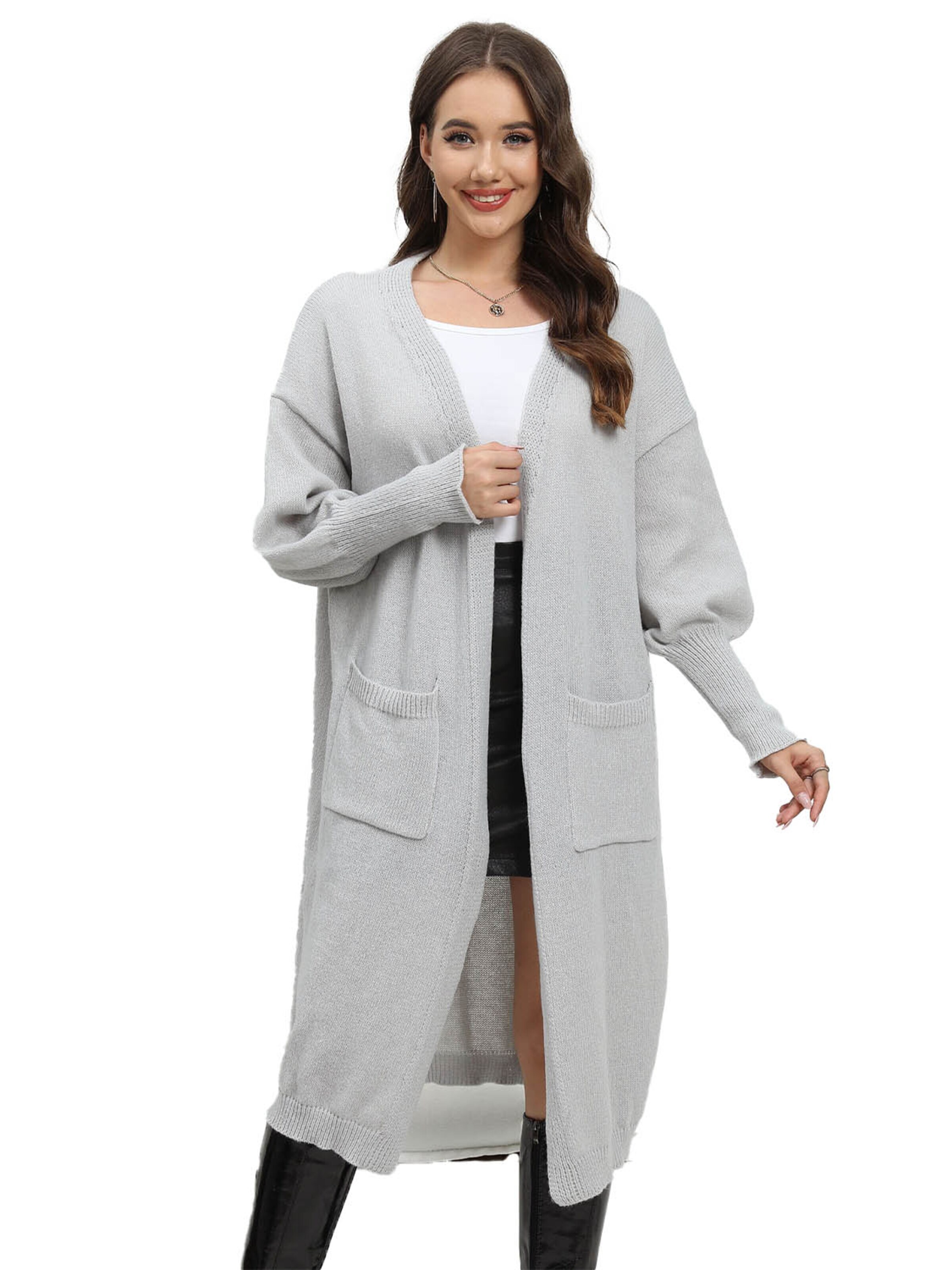 KoJooin Kardigan 'Damen Oversize Wollcardigan Taschen und Ballonärmeln Weicher,Langer Strickmantel in Einheitsgröße' w kolorze szary