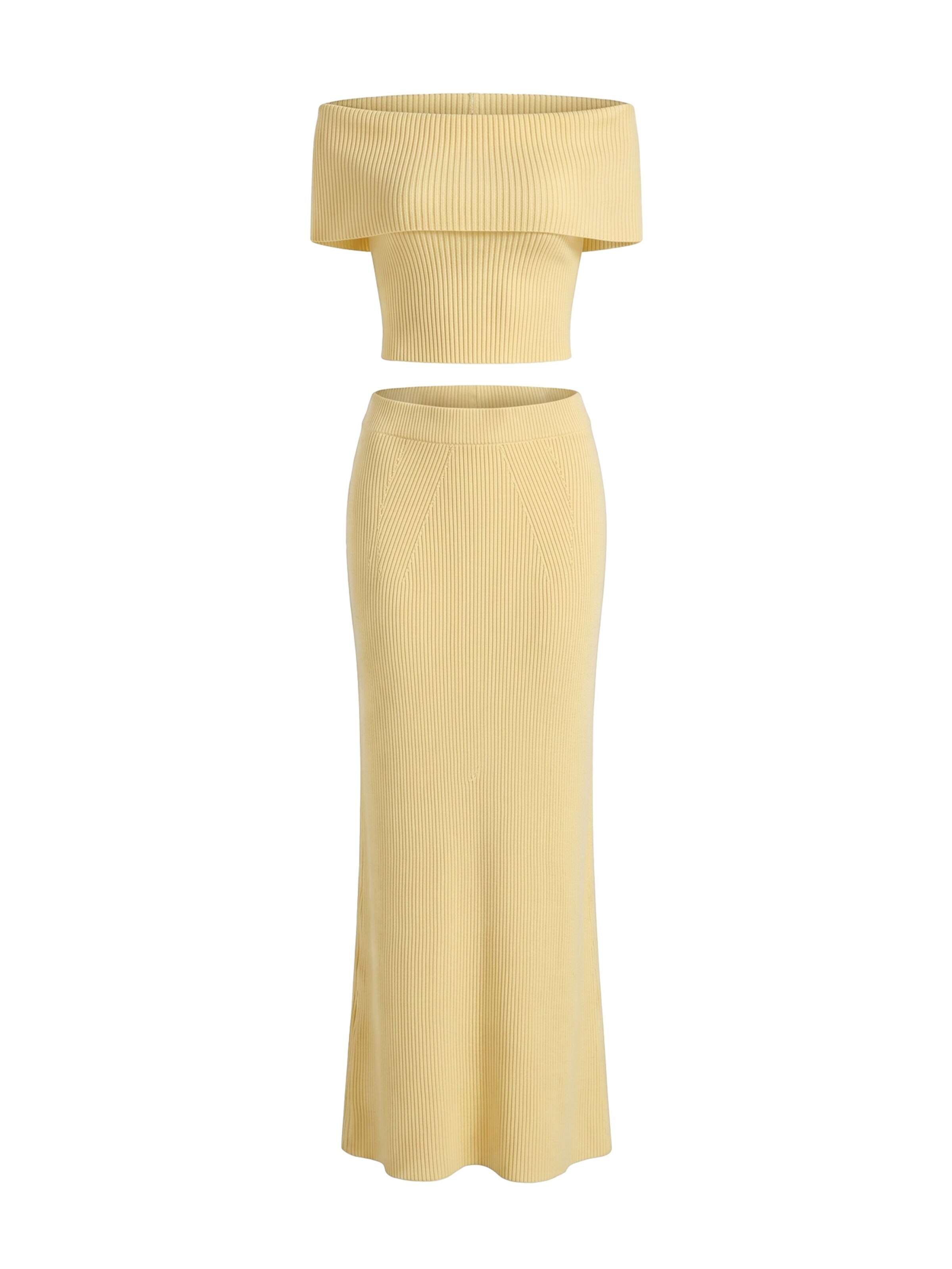 zytzrzy Hausanzug 'Off‑Shoulder Knit 2‑Piece Outfit, Crop Top & Maxi Skirt Set'‌‌‌‌‌‌‌‌ in Gelb: Vorderseite