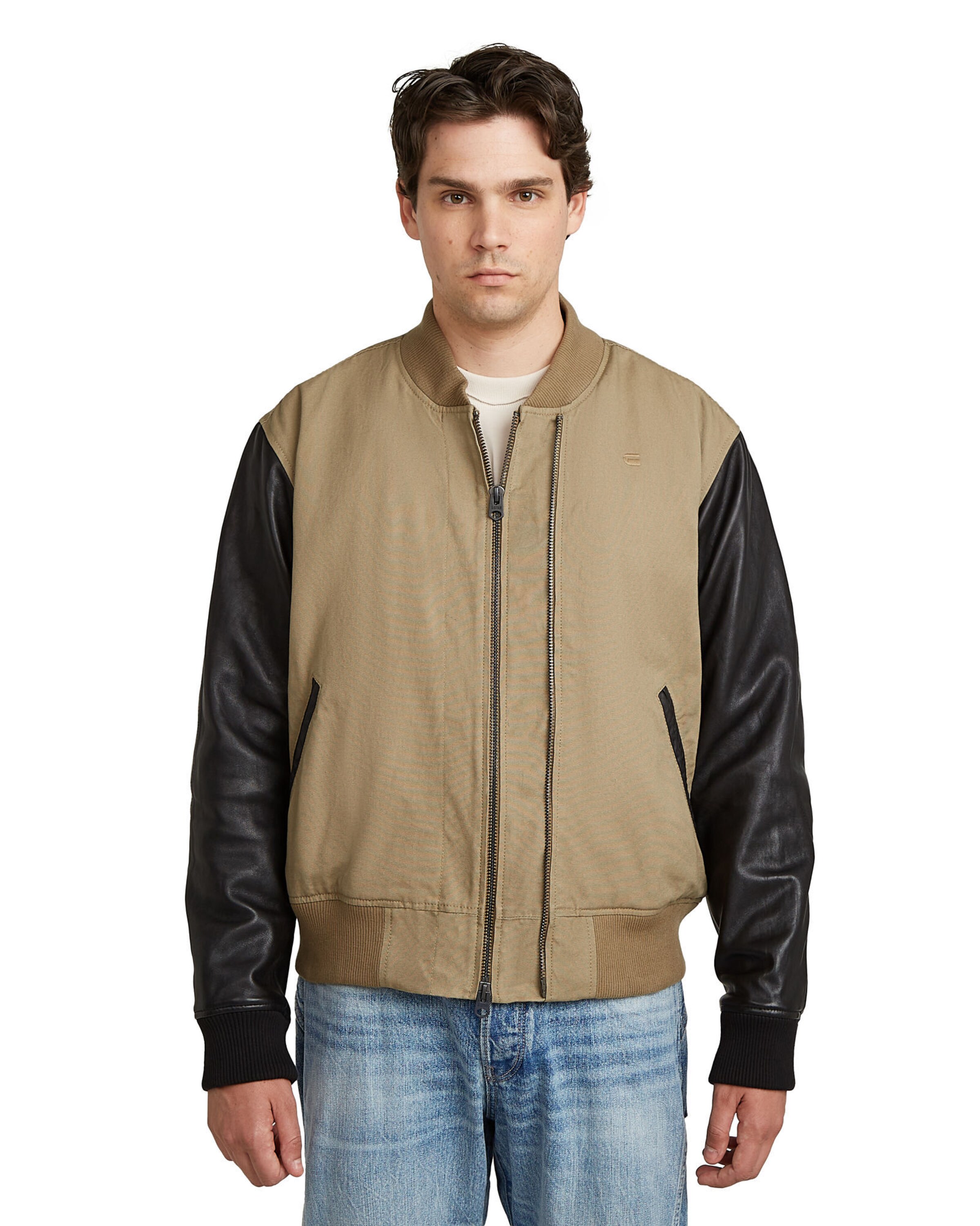 G-STAR Leather jackets- 'Varsity' Leather Bomber in Beige: Vorderseite