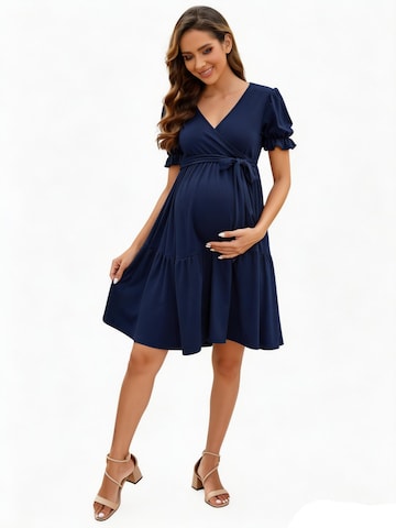KoJooin Kleid 'Damen Kleid Umstand V-Ausschnitt Wickel Puffärmel Bindegürtel Rüschen Schwangerschaft'‌‌‌‌‌‌ in Blau