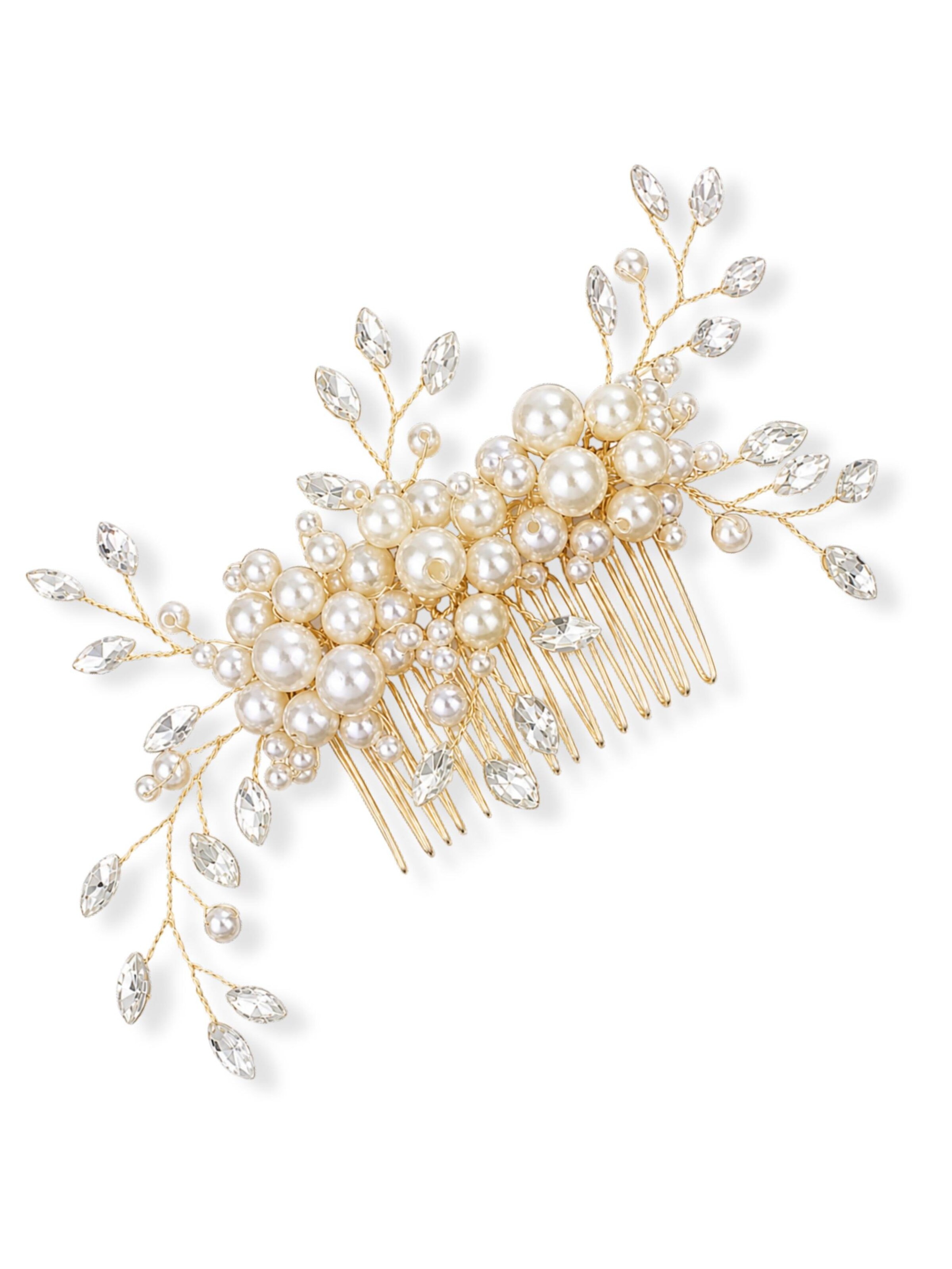 ANNIS WIESBADEN EST. 2021 Hair Jewelry 'Handgefertigter Braut Haarkamm, Haarnadel „Elena“ – Perlen & Kristalle florale Optik' in One size in Gold, Item view