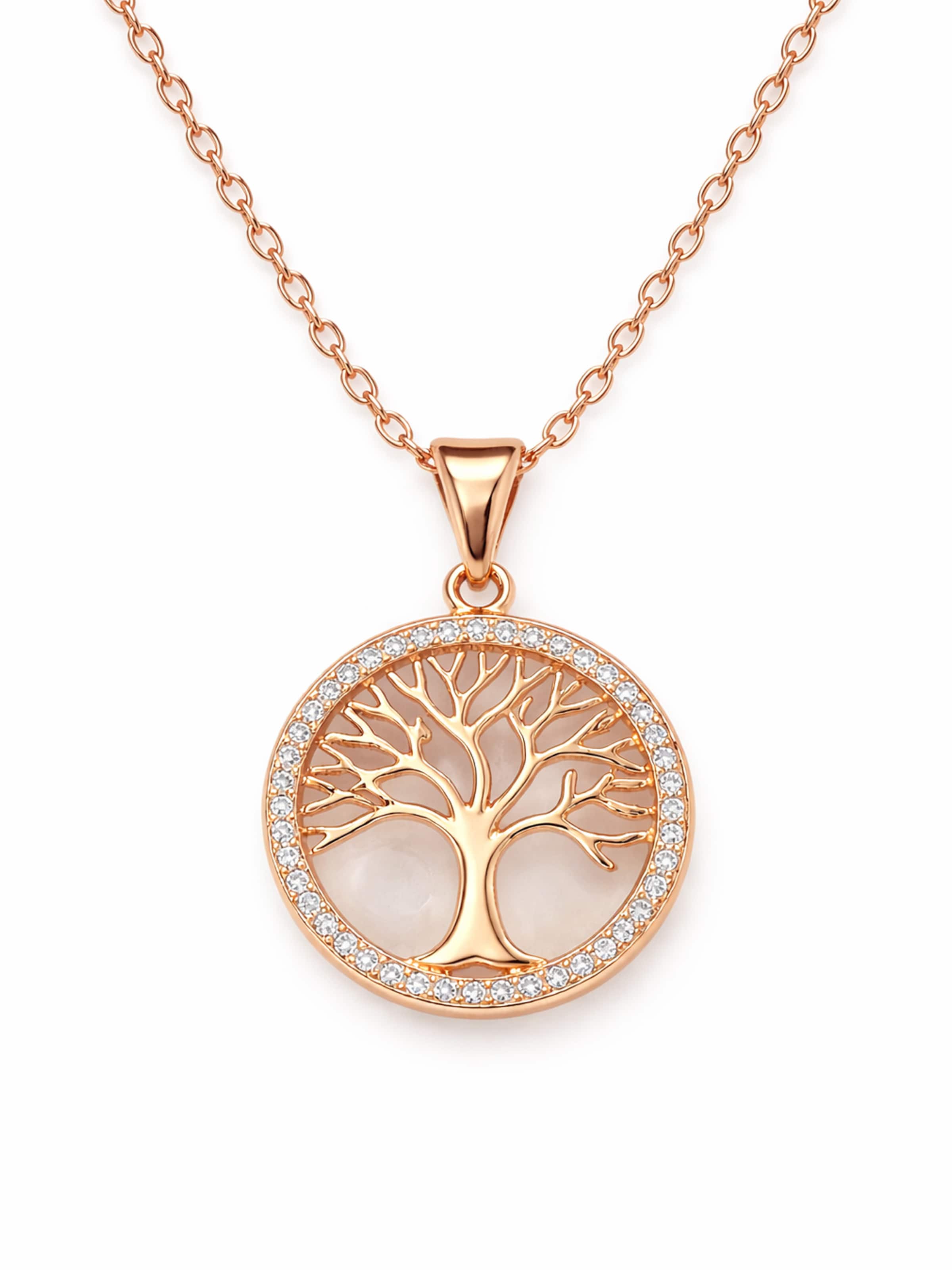 Staufergold Necklace 'Kette „Wurzelliebe“ – Lebensbaum-Anhänger mit zartem Pavé-Rand' in Pink: front