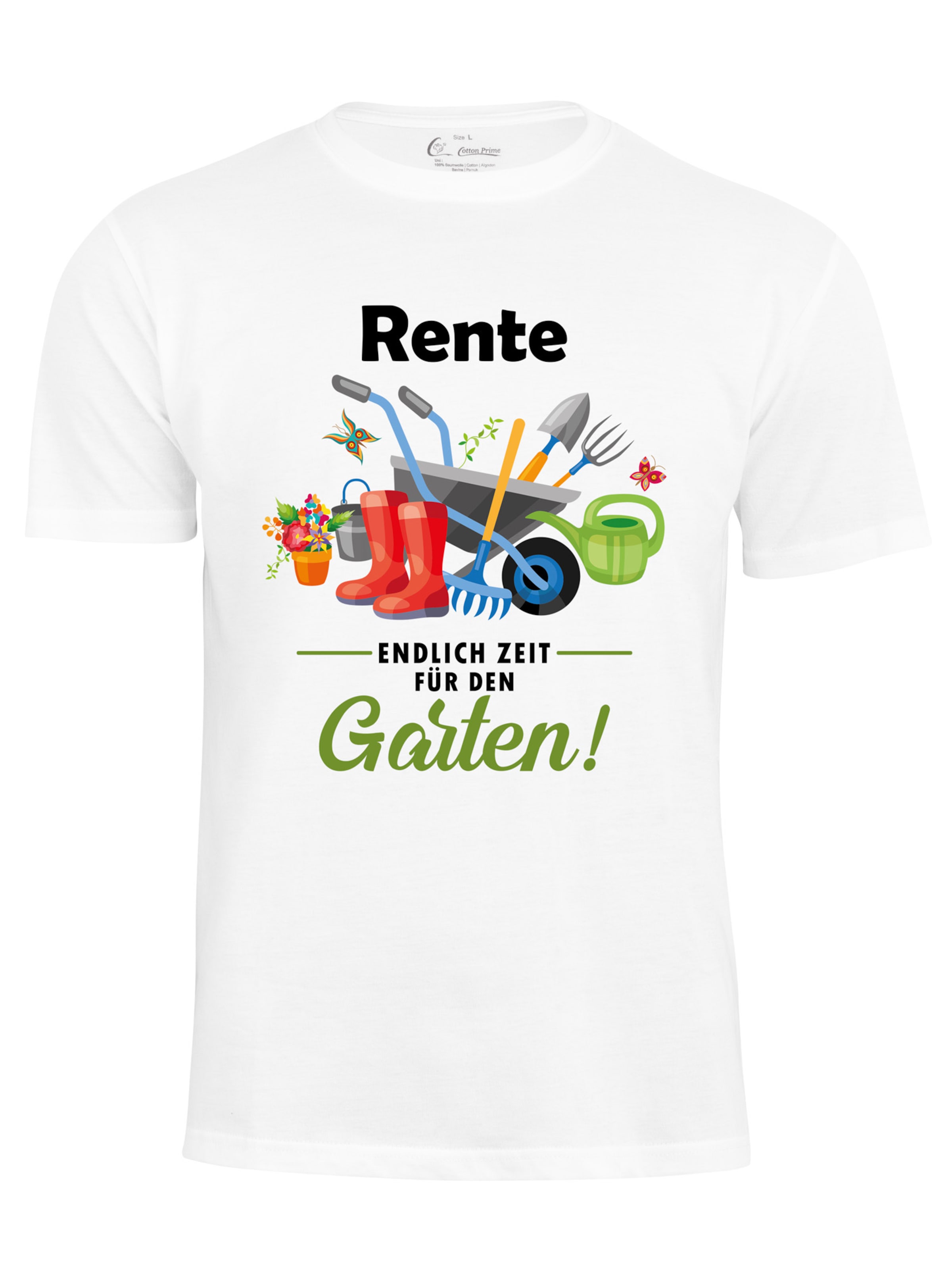 Cotton Prime Shirt 'Rente - Endlich Zeit für den Garten' in Wit: voorkant