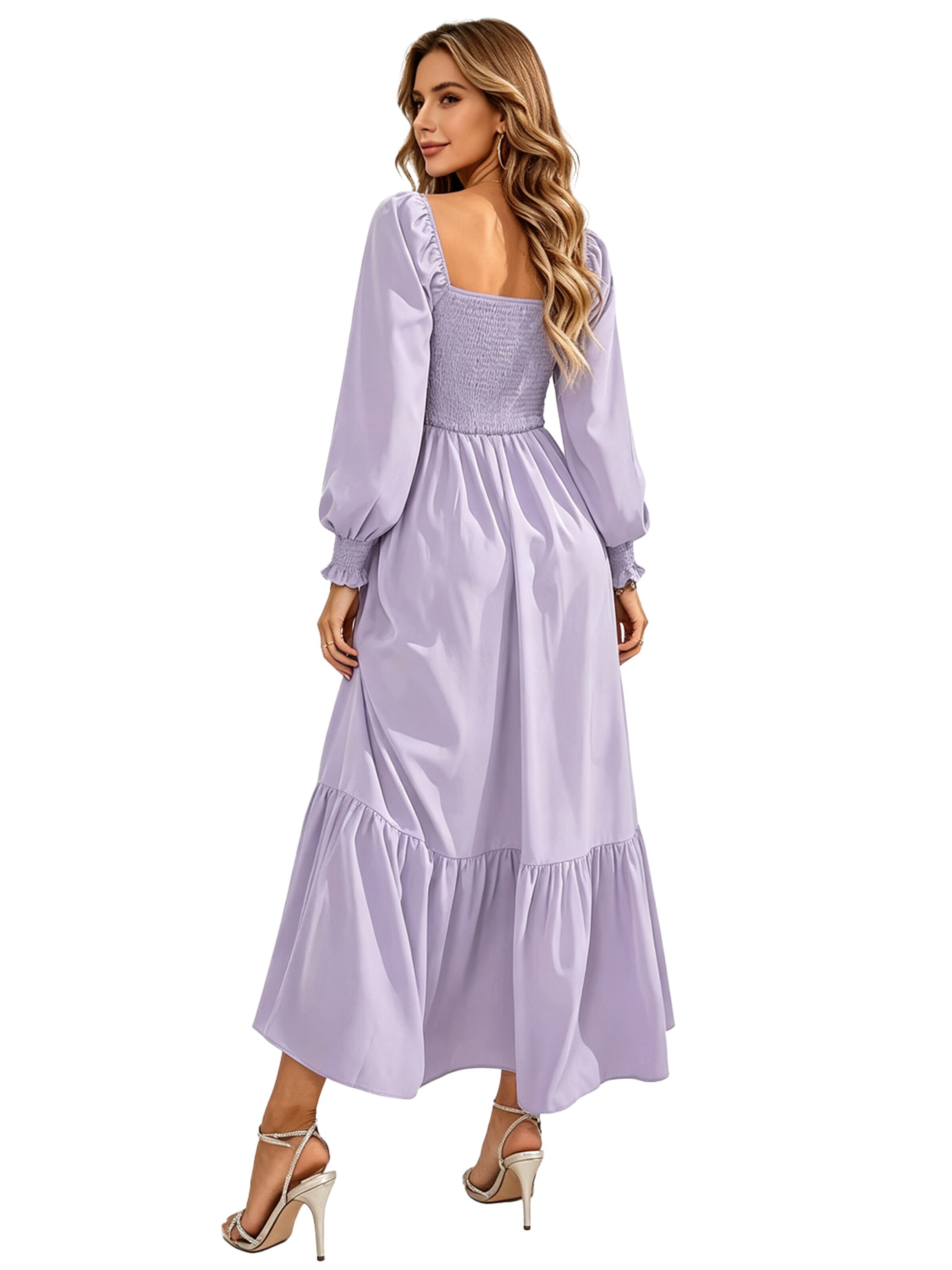 KoJooin Dress 'Damen Enganliegendes Kleid mit Quadrat-Ausschnitt – Langarm, Hohe Taille und Verspielten Rüschen' in Purple