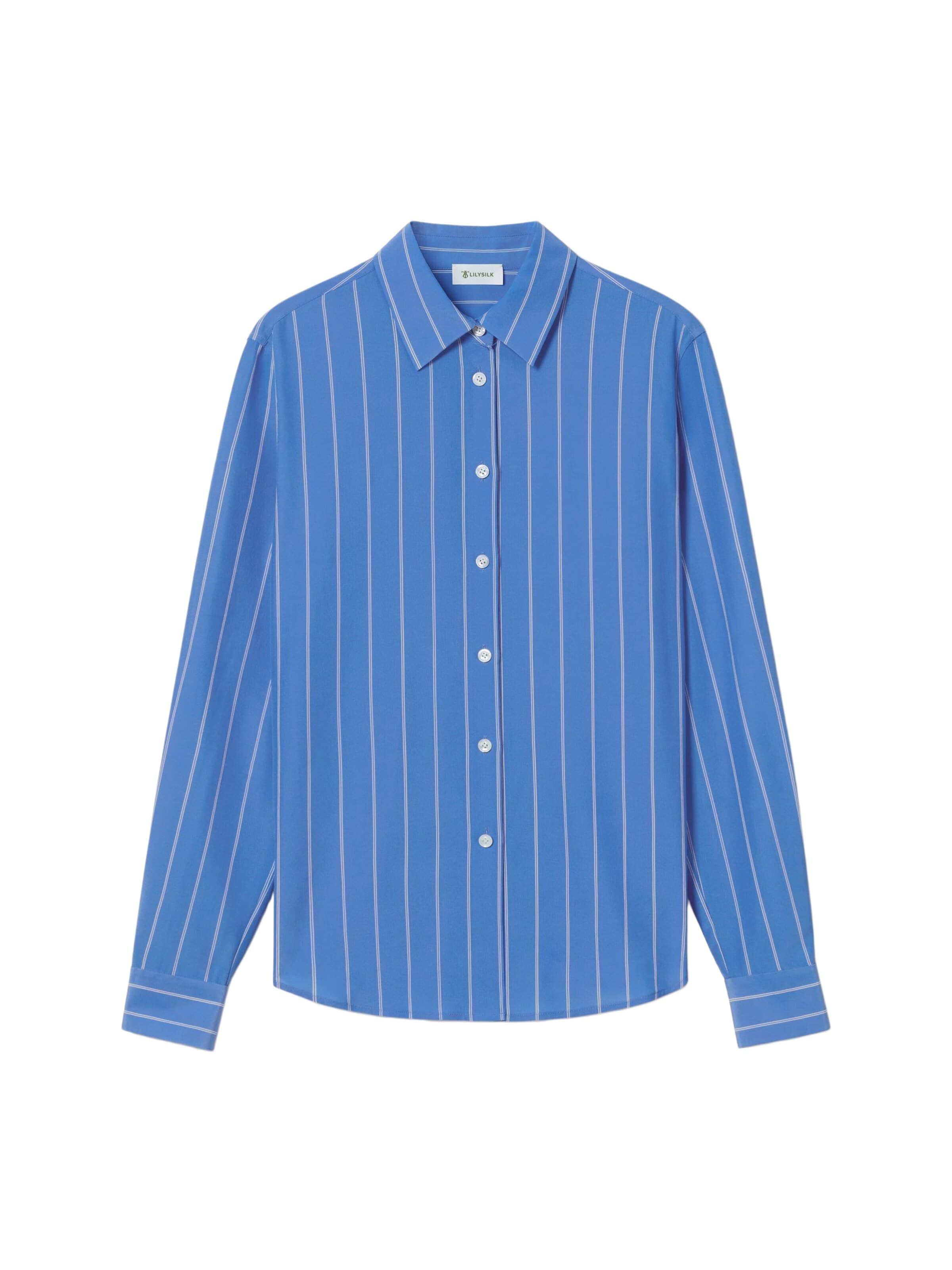 Lilysilk Blouse 'Amalfi Gestreiftes Seidenhemd' in Blauw: voorkant
