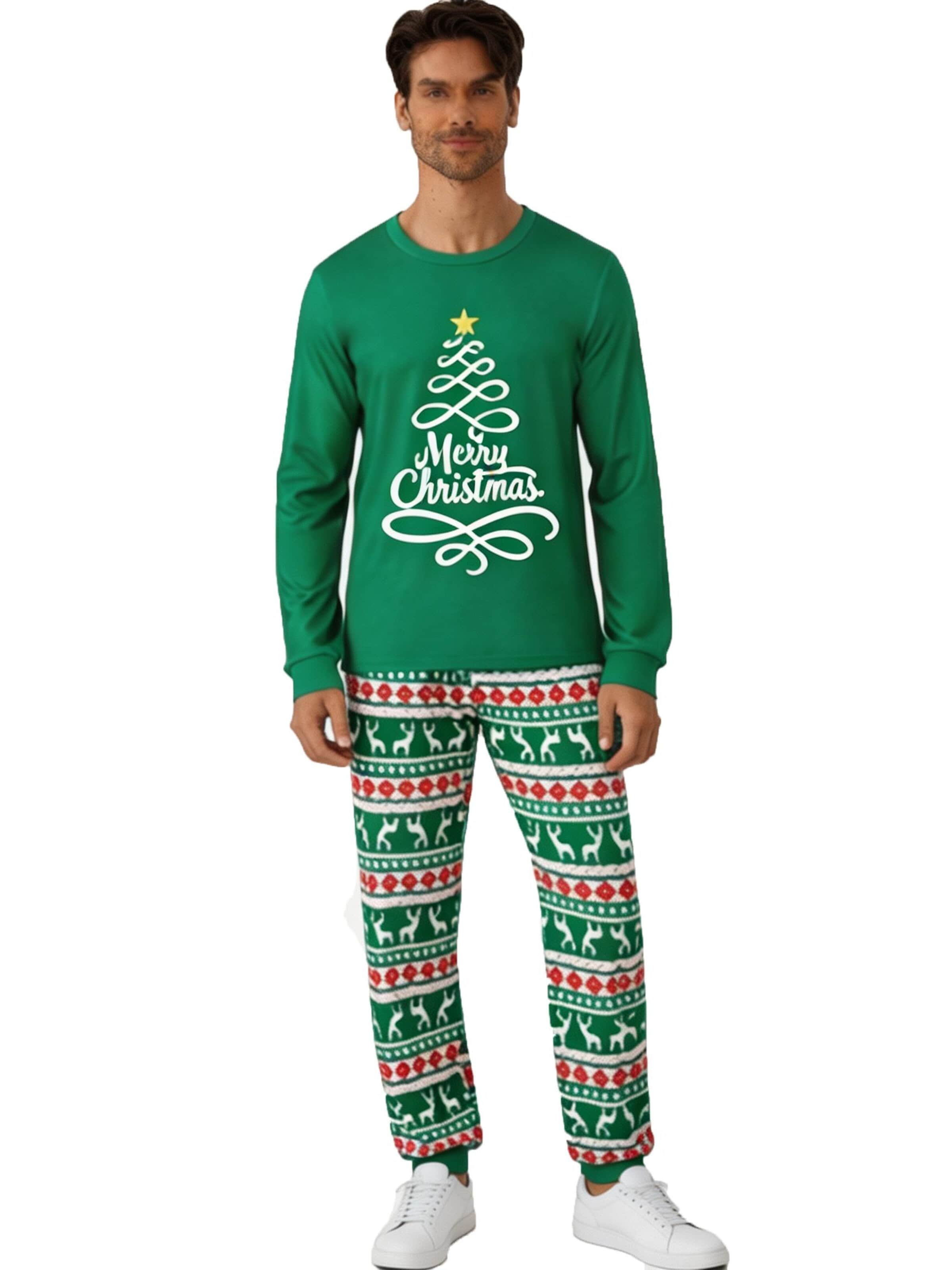 KoJooin Long Pajamas 'Herren Set Weihnachten Pyjama Langarm Rundhals Rentier Muster Homewear' in Green: front
