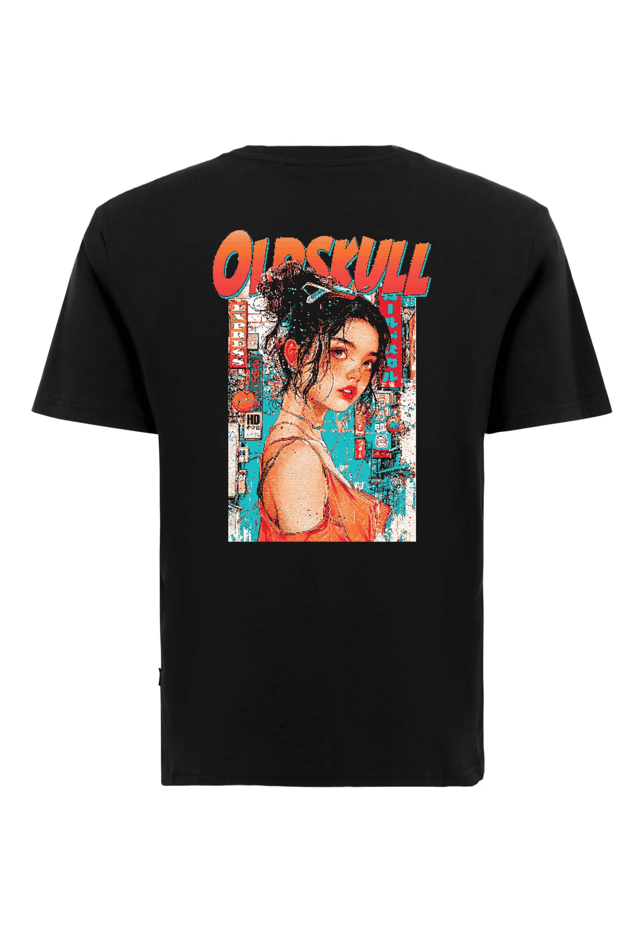 Oldskull Shirt 'Retro Pixel Lady' in Black: front