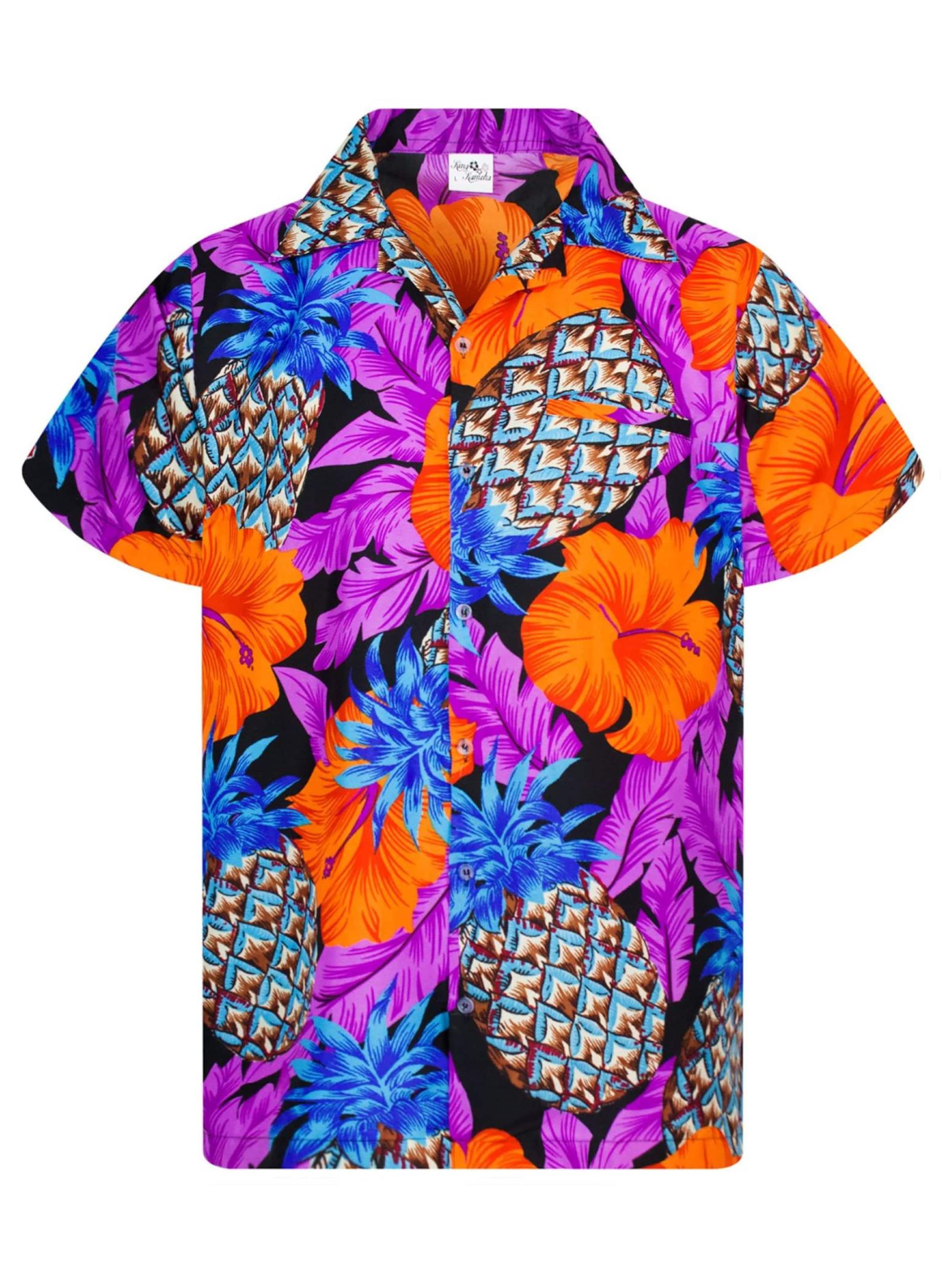 King Kameha Shirt 'Pineapple Hibiscus Black Line' in Purple: front