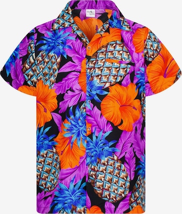 King Kameha Shirt 'Pineapple Hibiscus Black Line' in Lila: voorkant