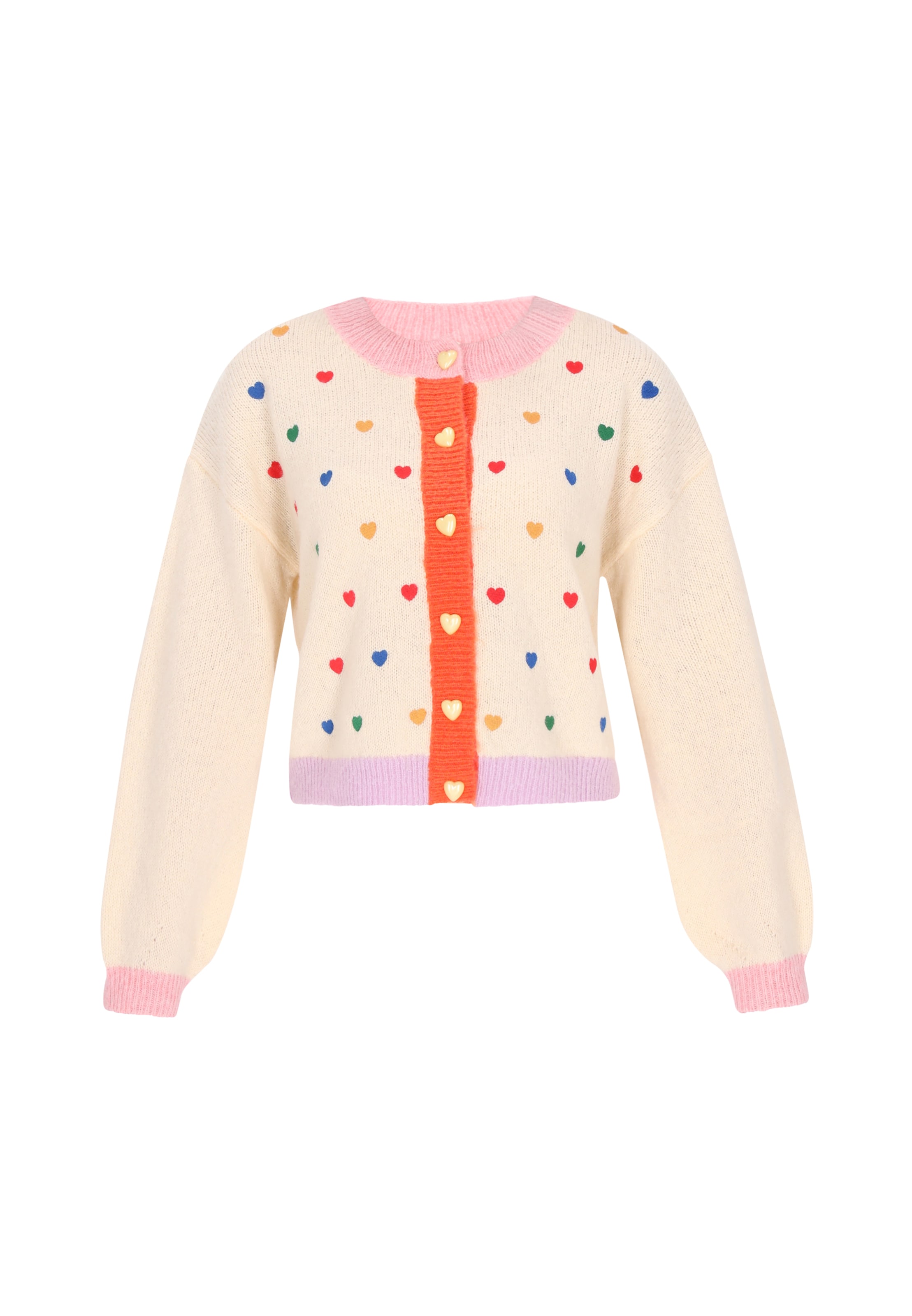 Cardigan dimensiuni mari MYMO pe portocaliu / roz / roșu / alb lână, Vizualizare produs