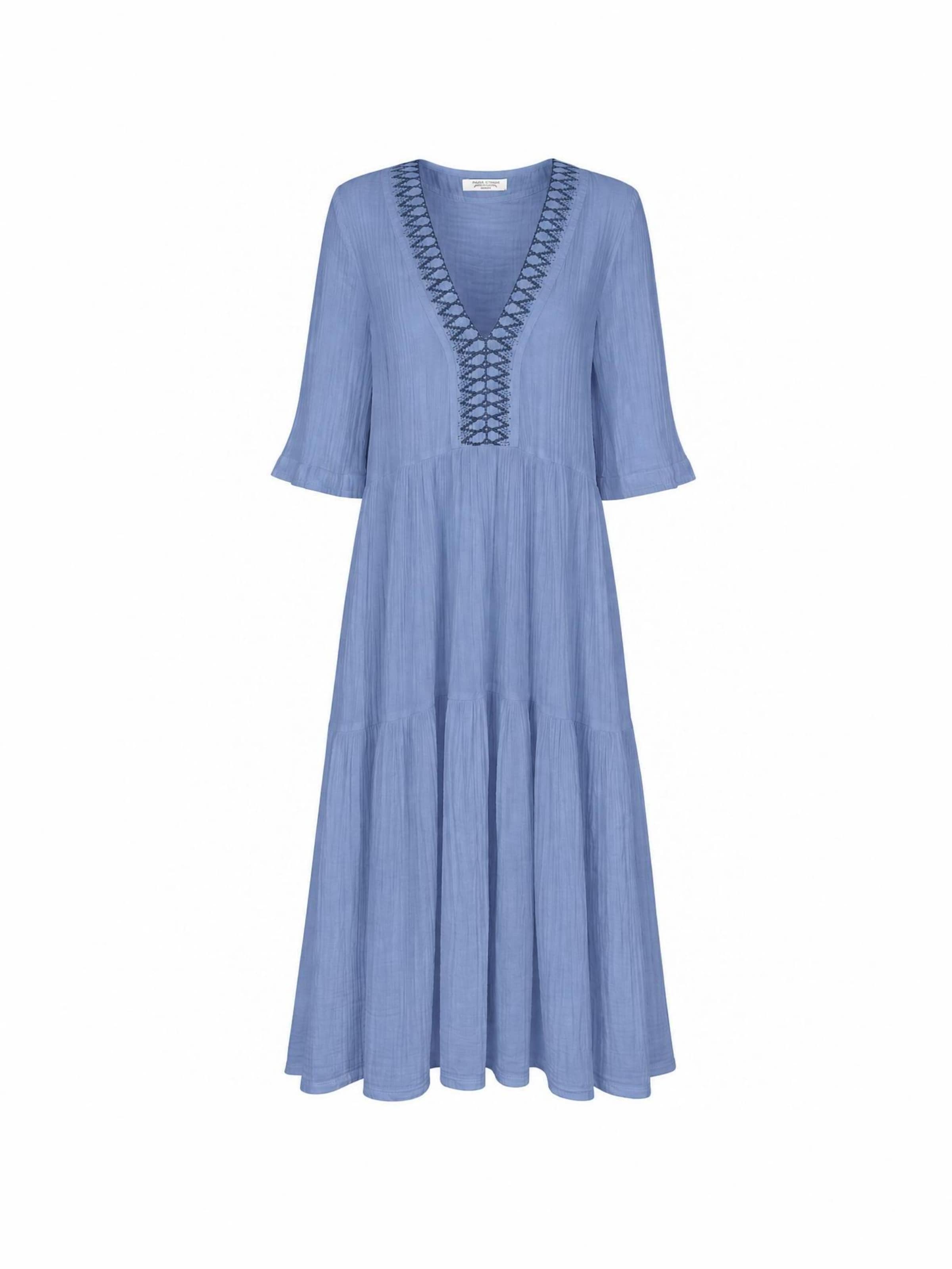 Haris Cotton Mekko 'Maxi Dress in Textured Cotton with Laced Trim V Neck' värissä sininen: etupuoli