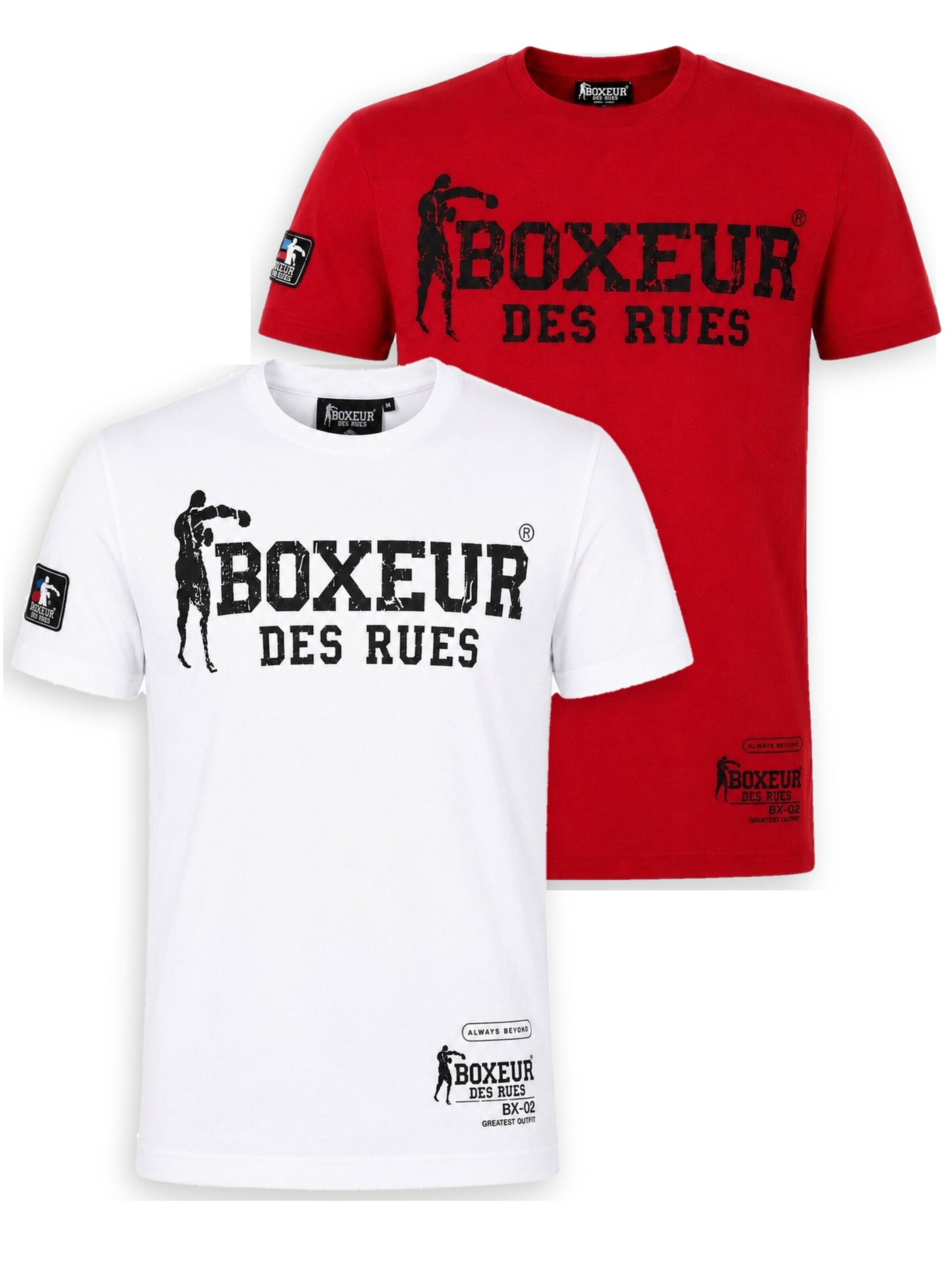Boxeur des Rues - Camiseta 'Herren T-Shirt 2er-Pack Boxeur des Rues Slim Fit: Weiß, Schwarzes Logo + Rot, Schwarzes Logo' en Mezcla de colores: frente