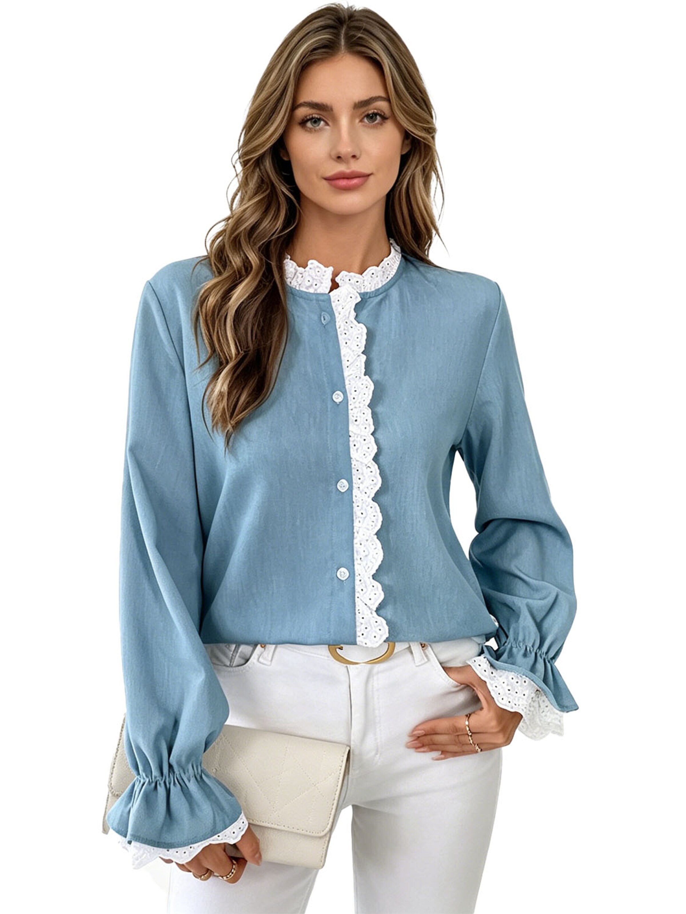 KoJooin Blouse 'Damen Blaue Bluse Im Französischen Landhausstil Mit Spitze Und Puffärmeln' in XL in Blue, Item view