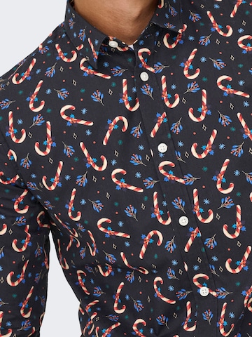 Only & Sons Slim fit Overhemd 'ONSElf Xmas' in Zwart