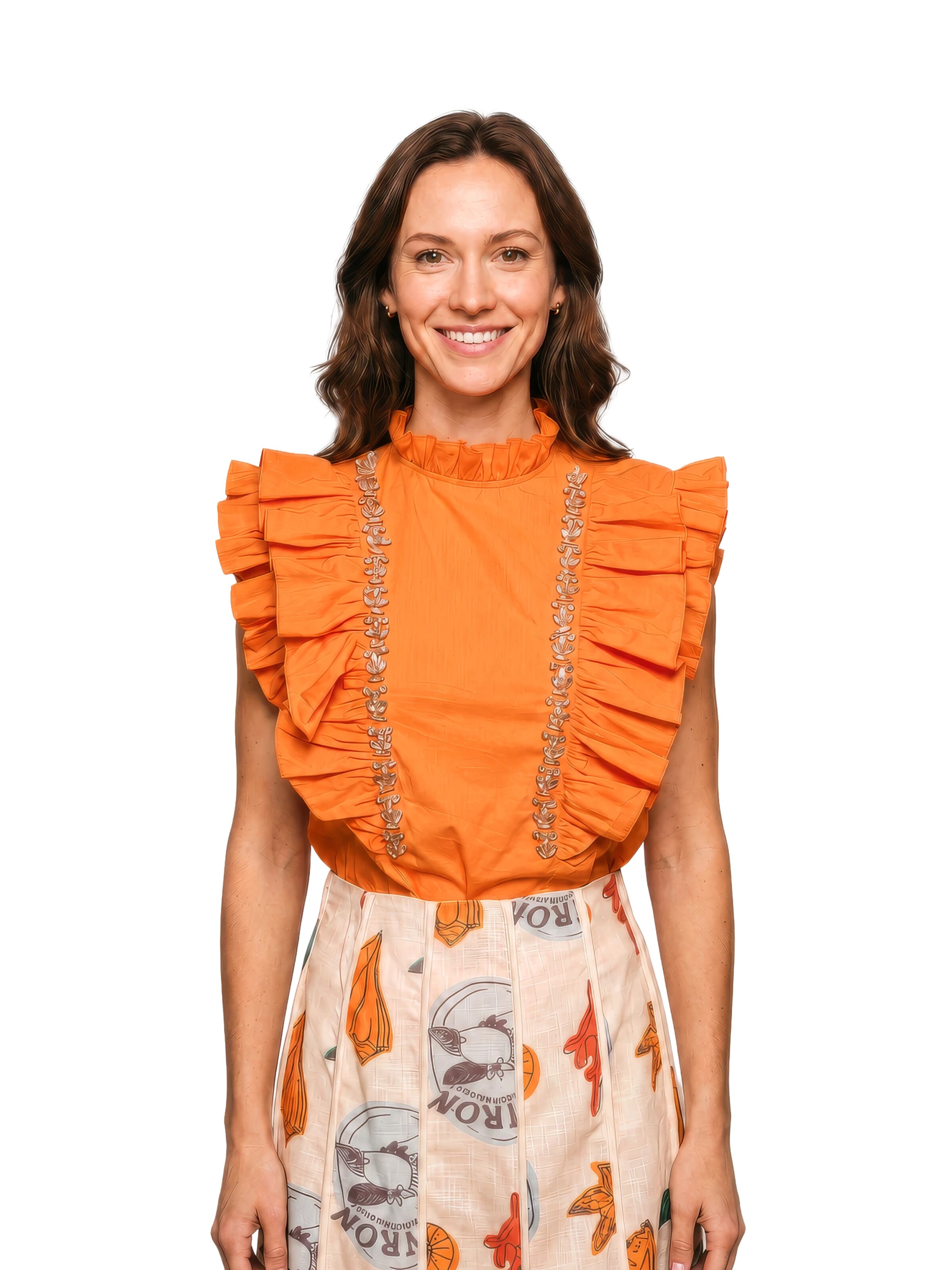 Chemisier 'Blusa Olivia com Babados e Detalhes em Strass - Laranja Vibrante' Fulgor en orange : devant