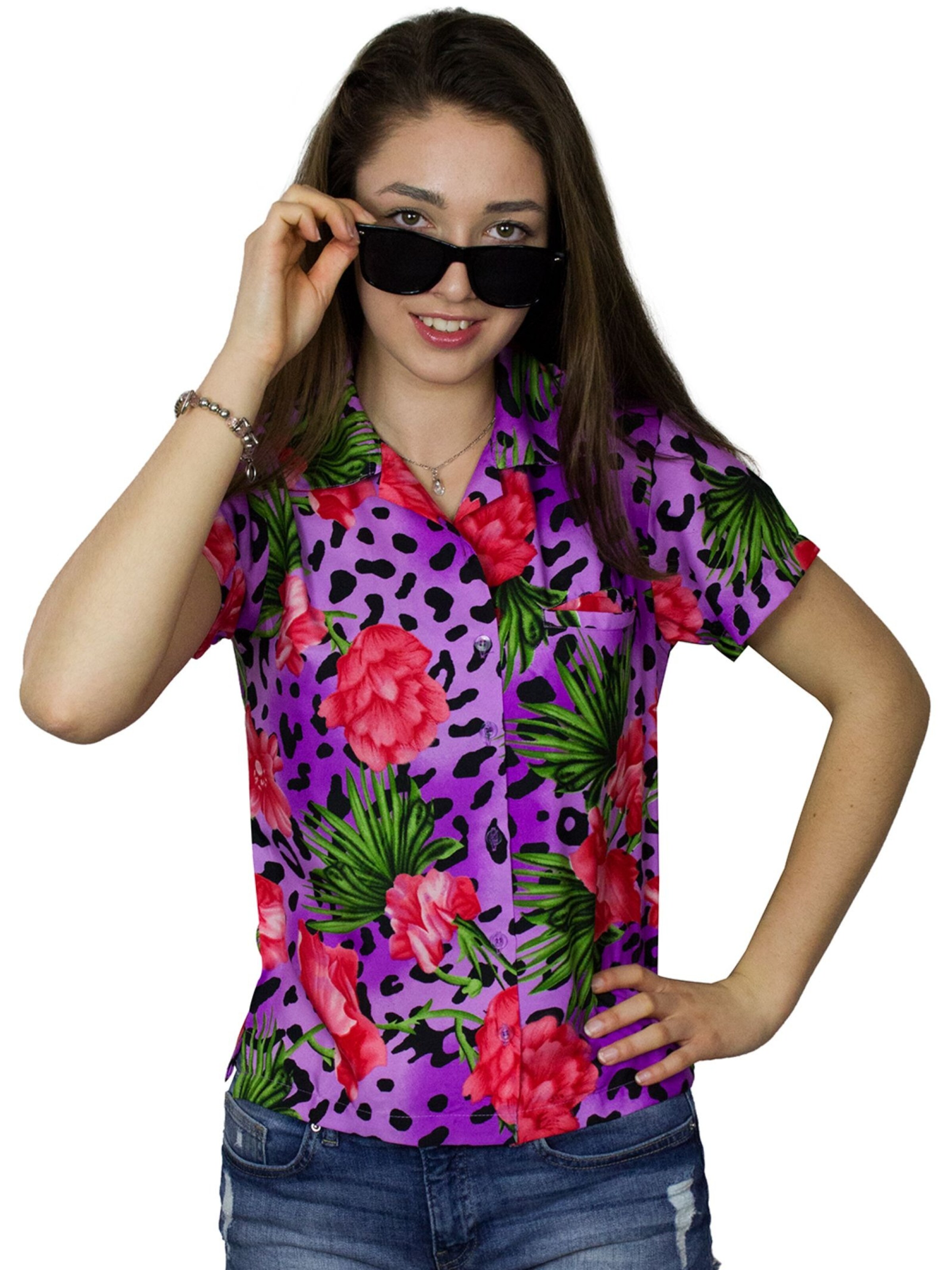 King Kameha Blouse 'Leopard Flowers' in Purple: front