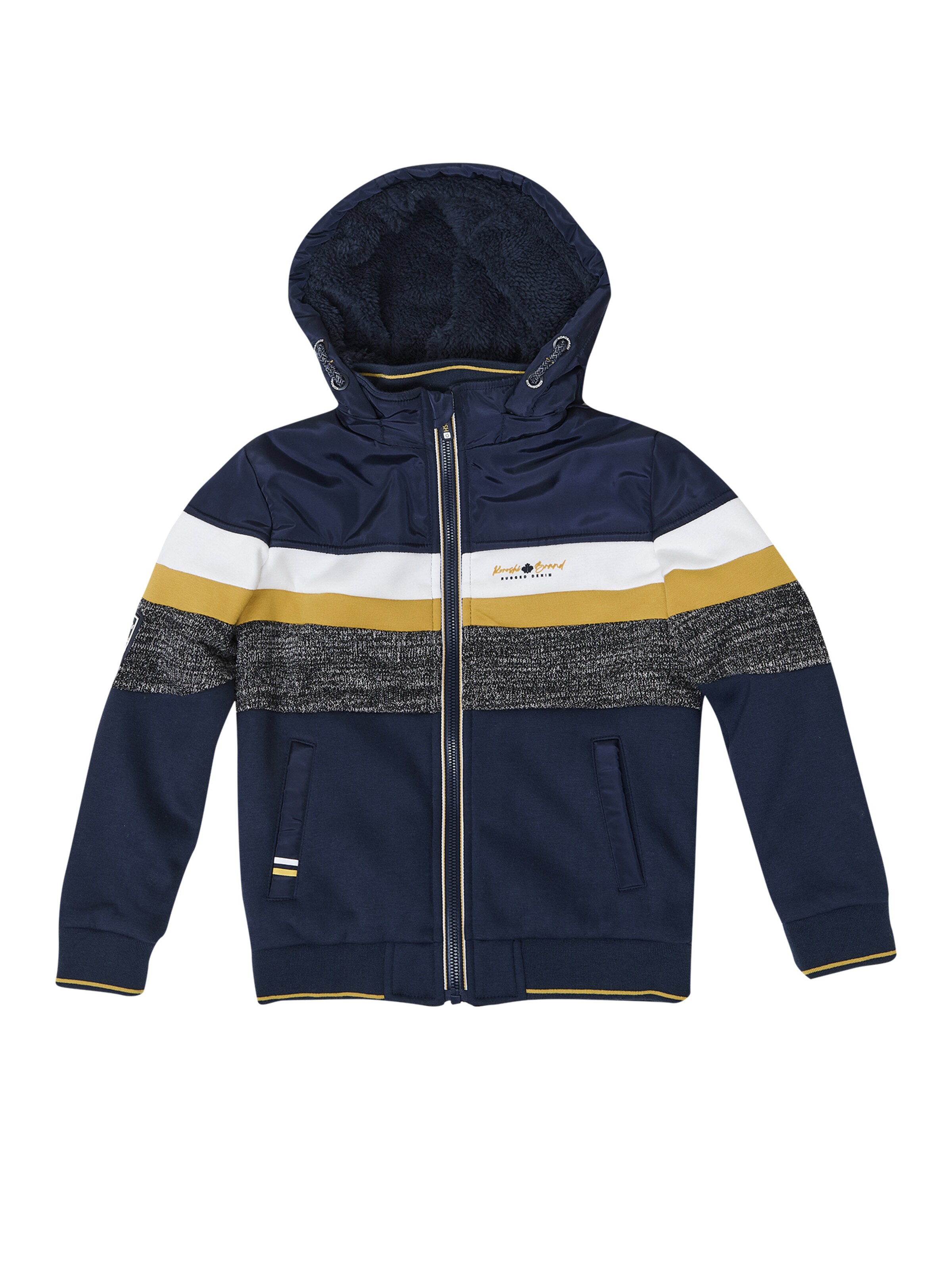 KOROSHI Tussenjas in de kleur Nachtblauw / Mosterd / Wit, Productweergave