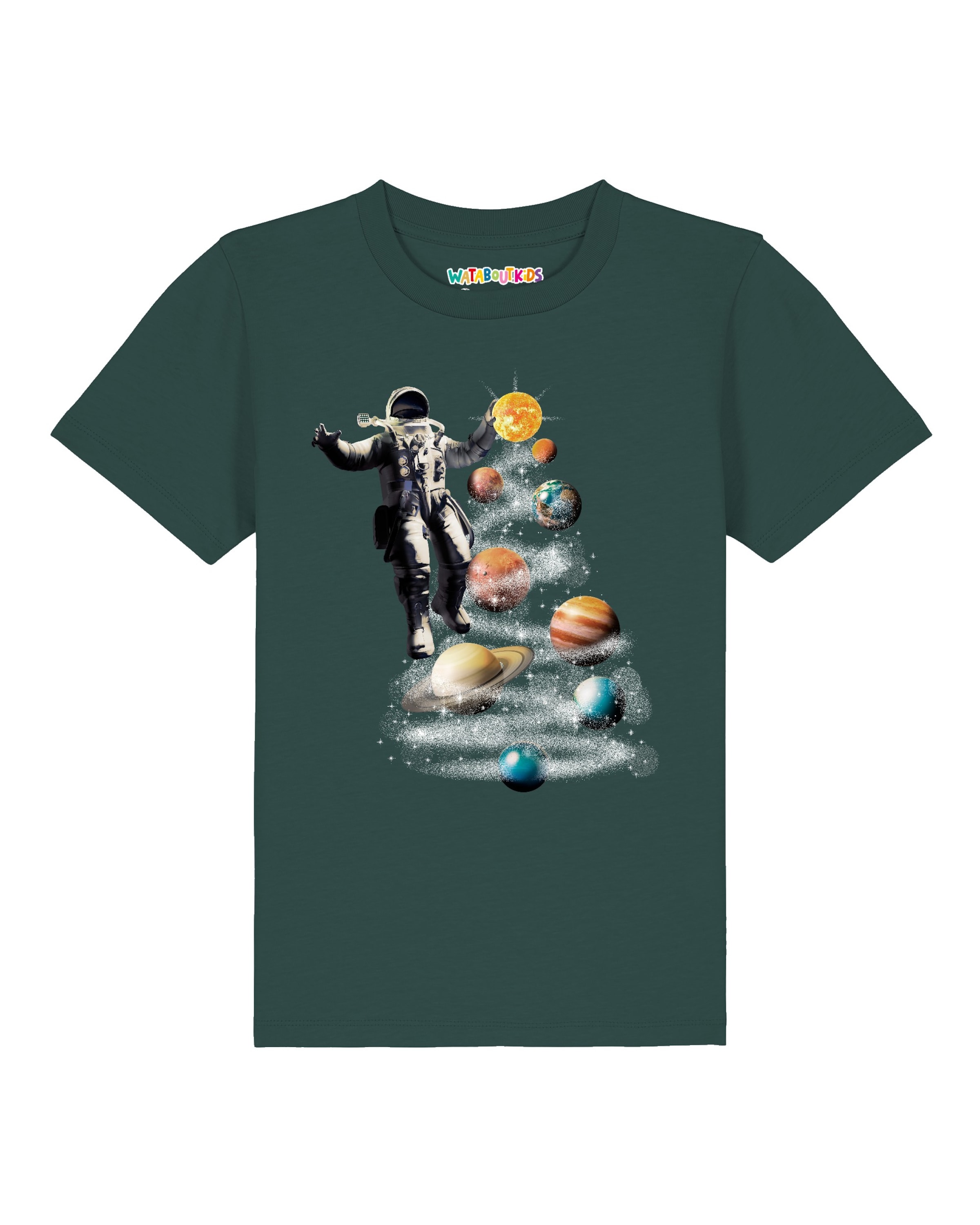 watabout.kids T-Shirt ' Weltraumreise ' en 110-116 en vert foncé, Vue avec produit