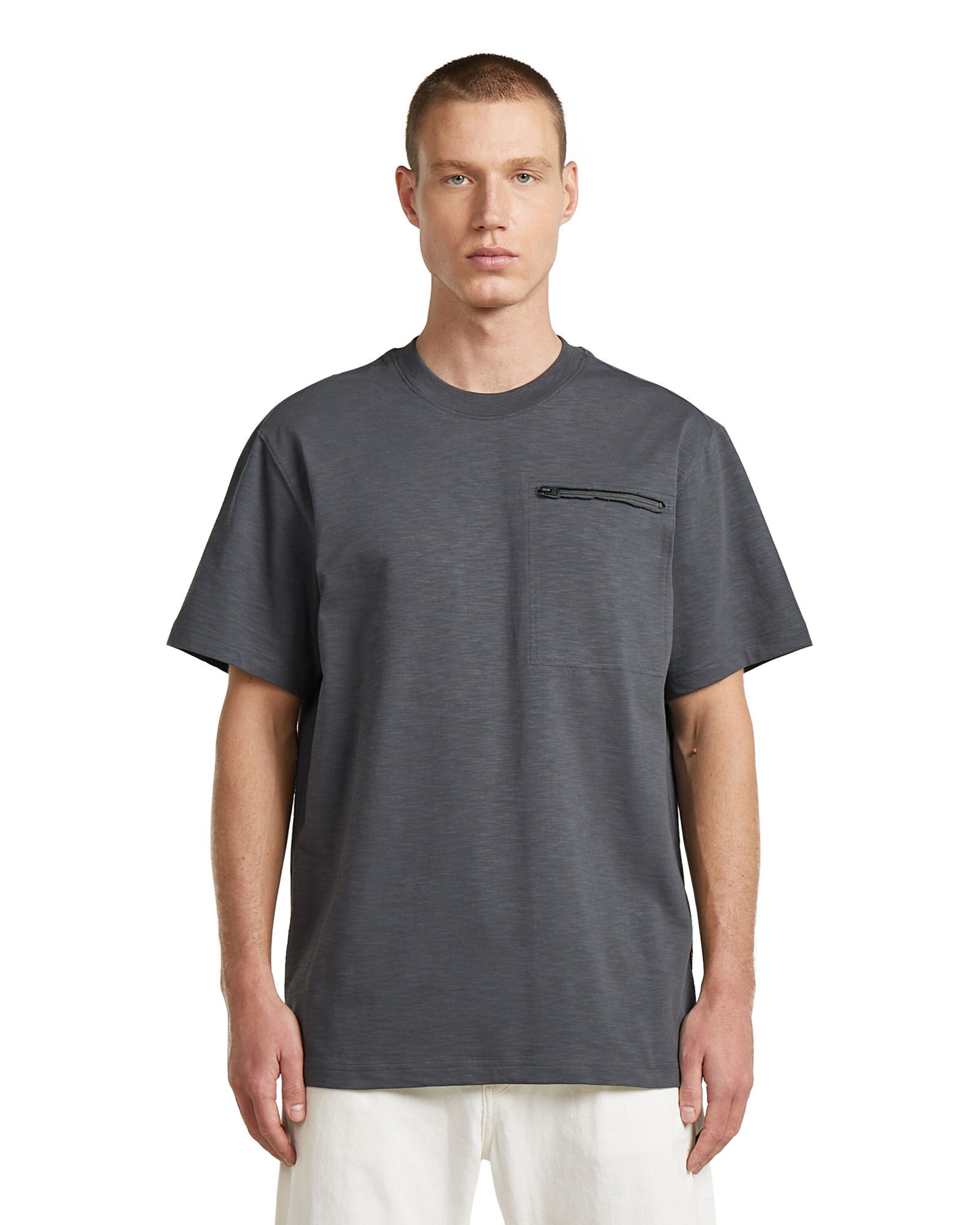 G-STAR Shirt 'Distressed Zip Pocket T-Shirt' in Grijs: voorkant