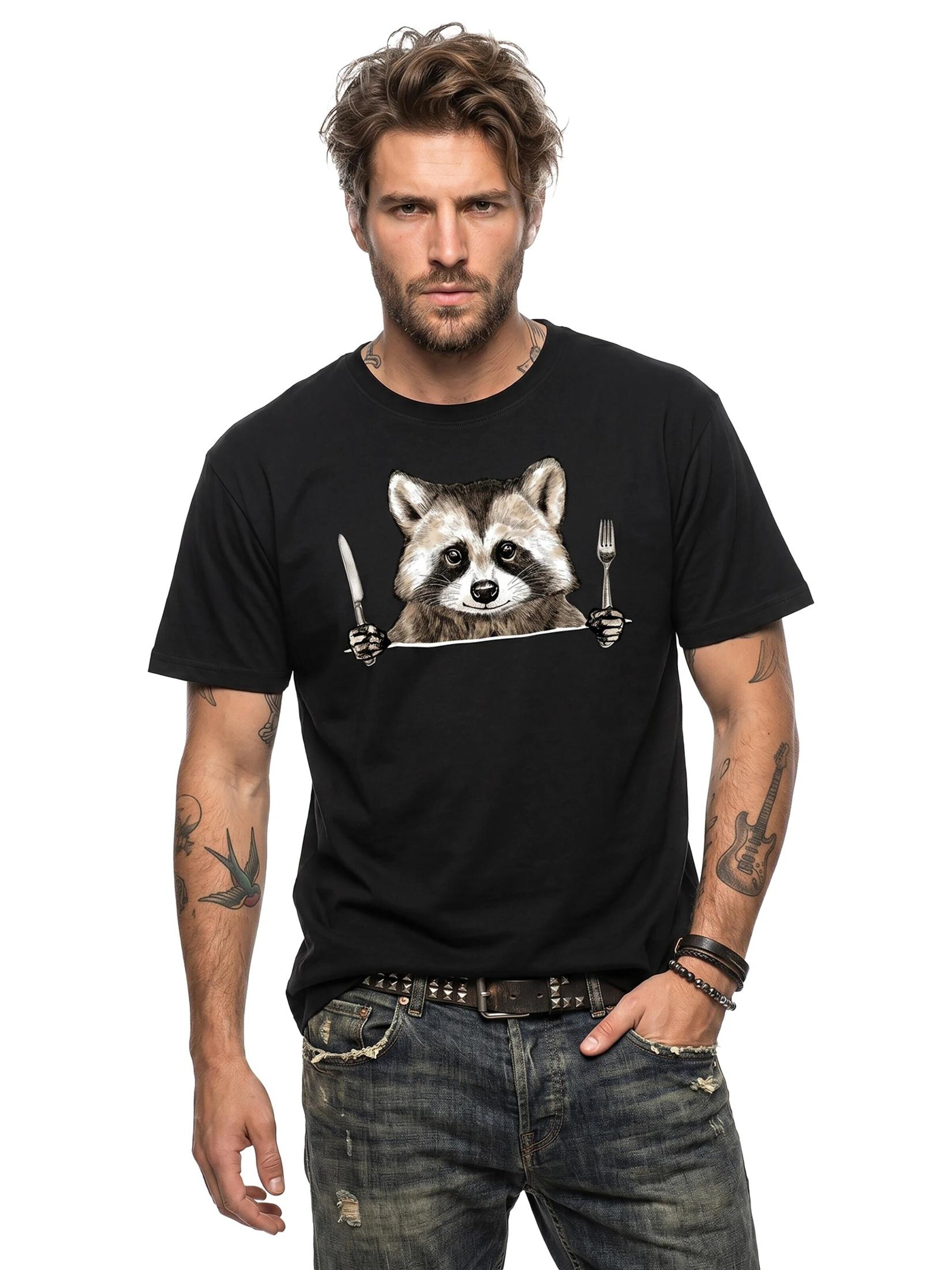 MAKAYA Shirt 'Waschbär Gabel' in Black
