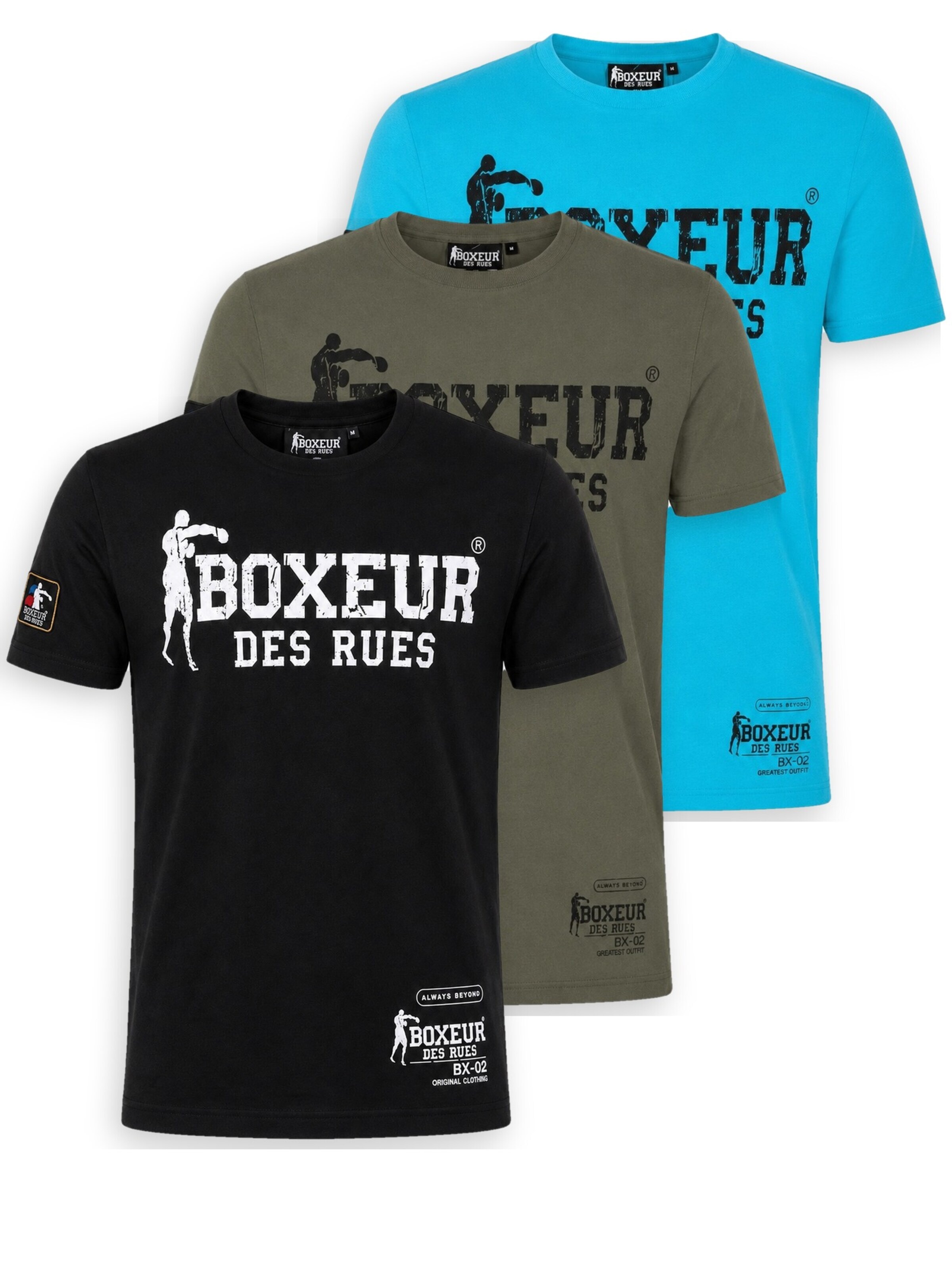 Boxeur des Rues Shirt 'Herren T-Shirt 3er-Pack Boxeur des Rues Slim Fit: Schwarz, Weißes Logo + Oliv, Schwarzes Logo + Türkis, Schwarzes Logo'‌‌‌‌‌‌‌ in L/Regular in mischfarben, Produktansicht