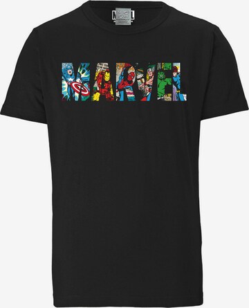 LOGOSHIRT Shirt 'Marvel Comic Colour Logo' in Zwart: voorkant