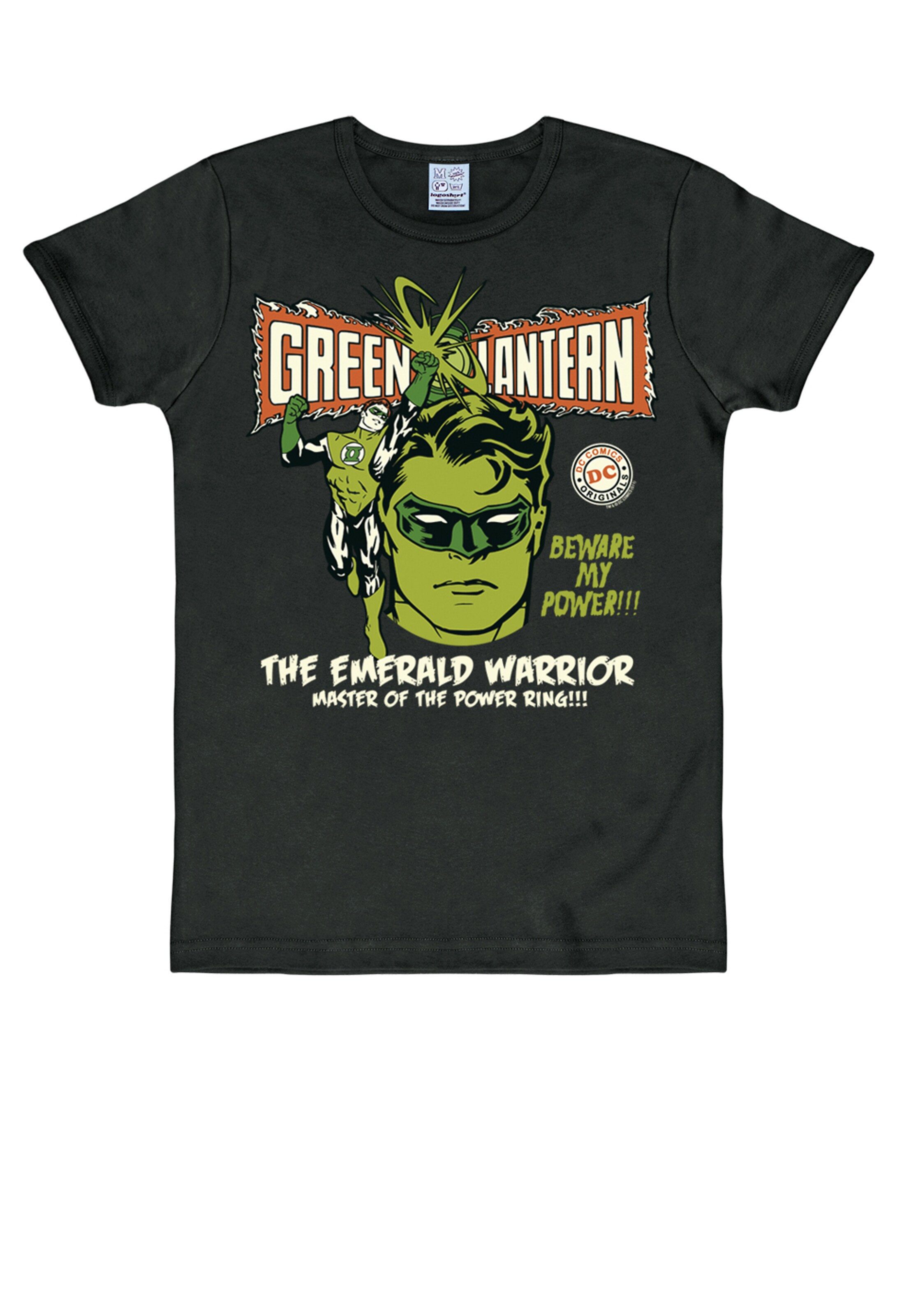 LOGOSHIRT Shirt 'Green Lantern Power' in Zwart: voorkant