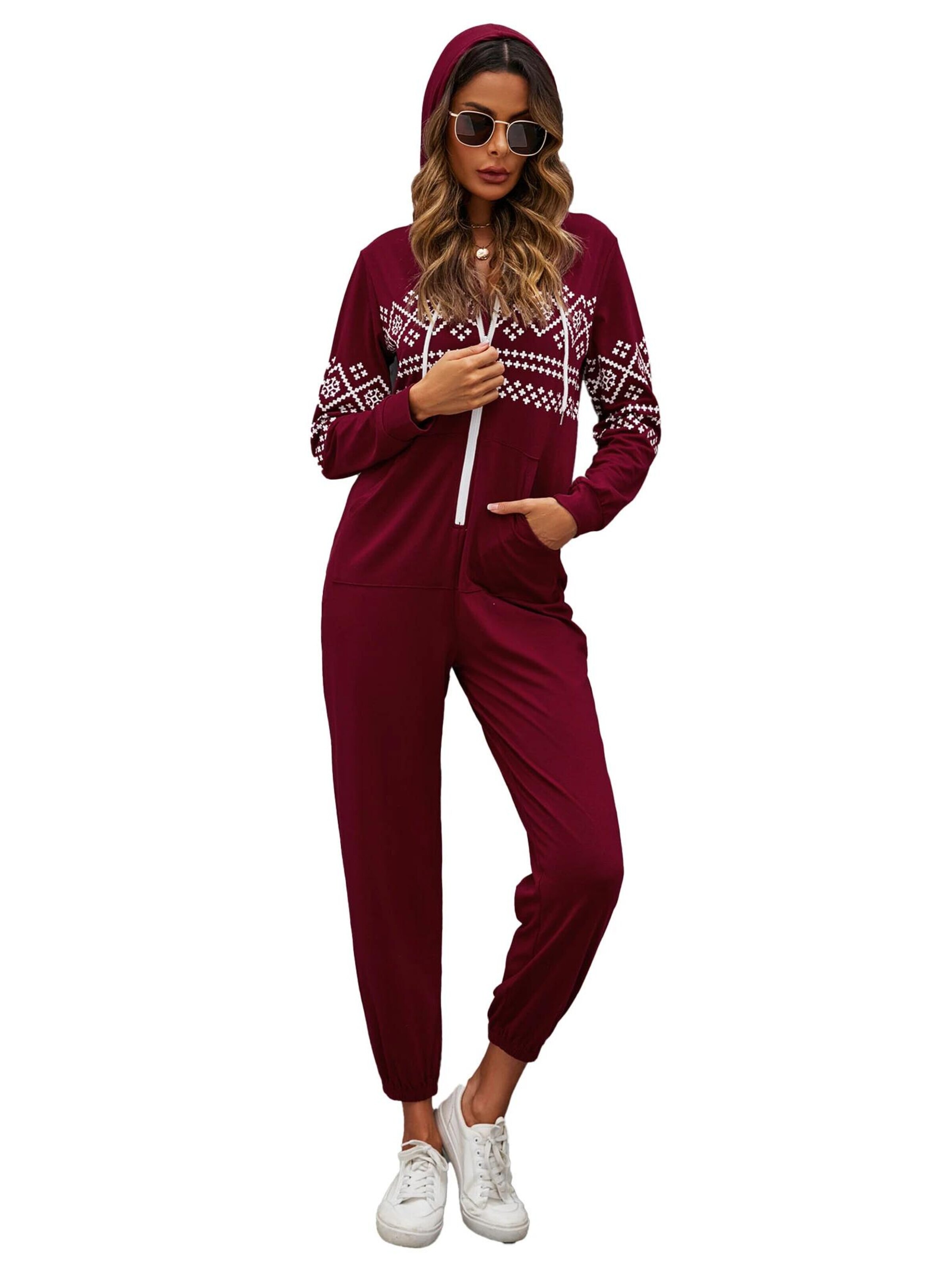 KoJooin Kombinezon 'Damen Overall mit Print, Kapuze, Kordelzug, langen Ärmeln und Taschen Bequemer Freizeit Jumpsuit' w kolorze czerwony