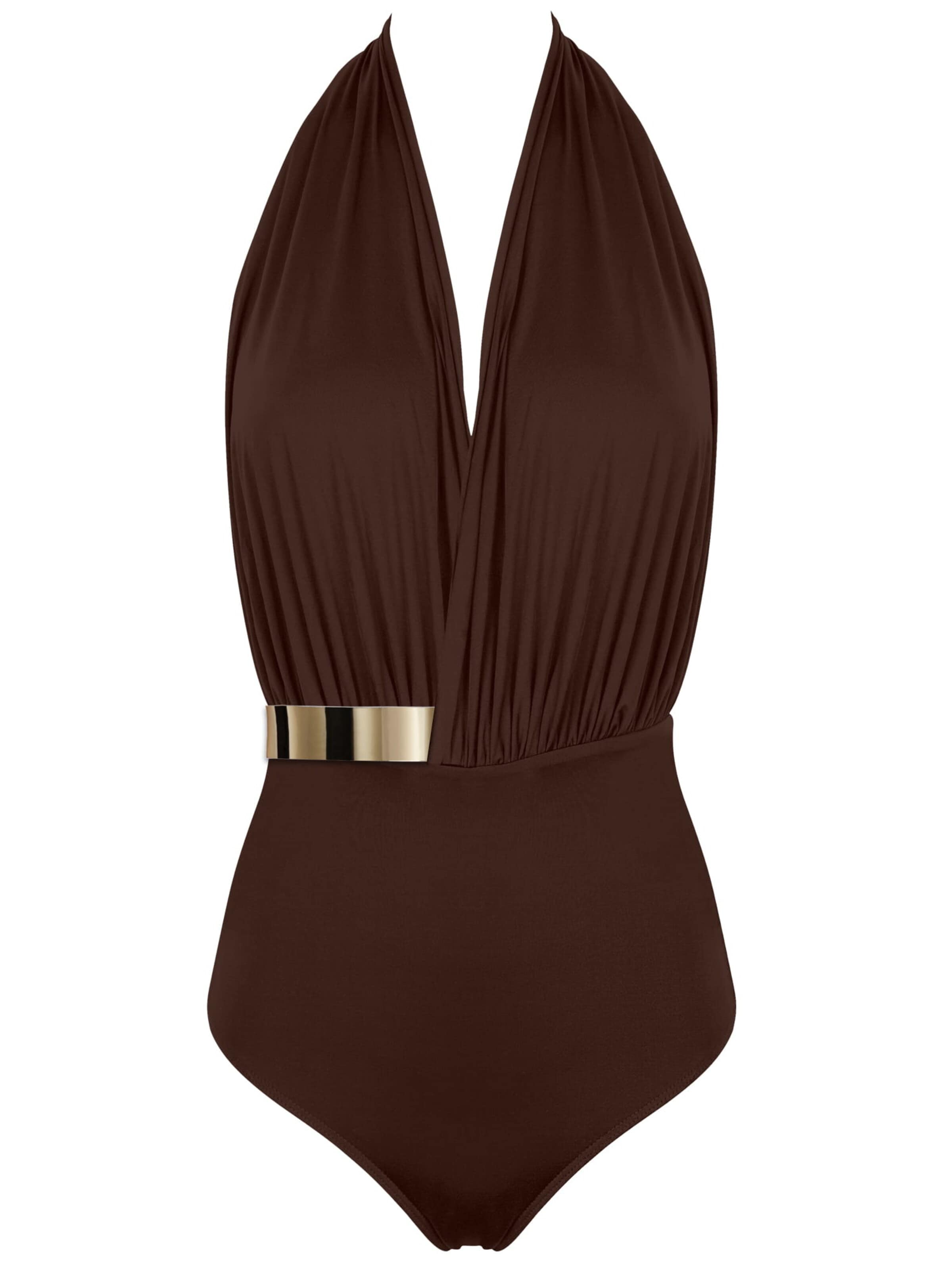 SEA ME SWIM High neck Swimsuit 'ST. TROPEZ Gold Edition' in Brown: front